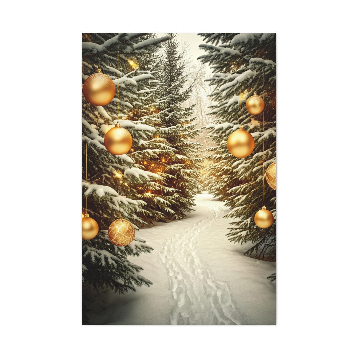 Snowy Pine Path With Golden Christmas Ornaments Wall Art & Canvas Print
