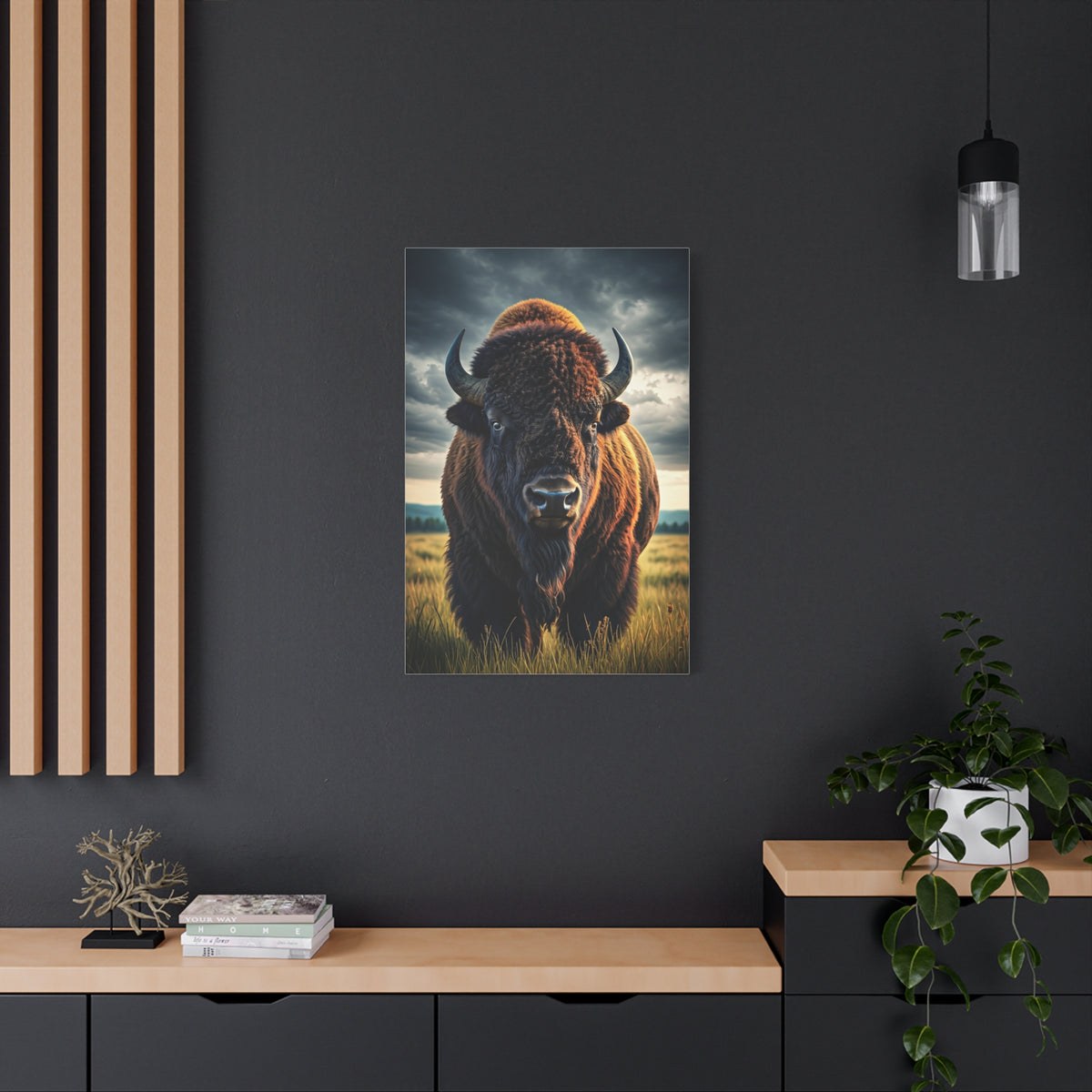 Bison Under Storm Clouds Prairie Portrait Wall Art & Canvas Print