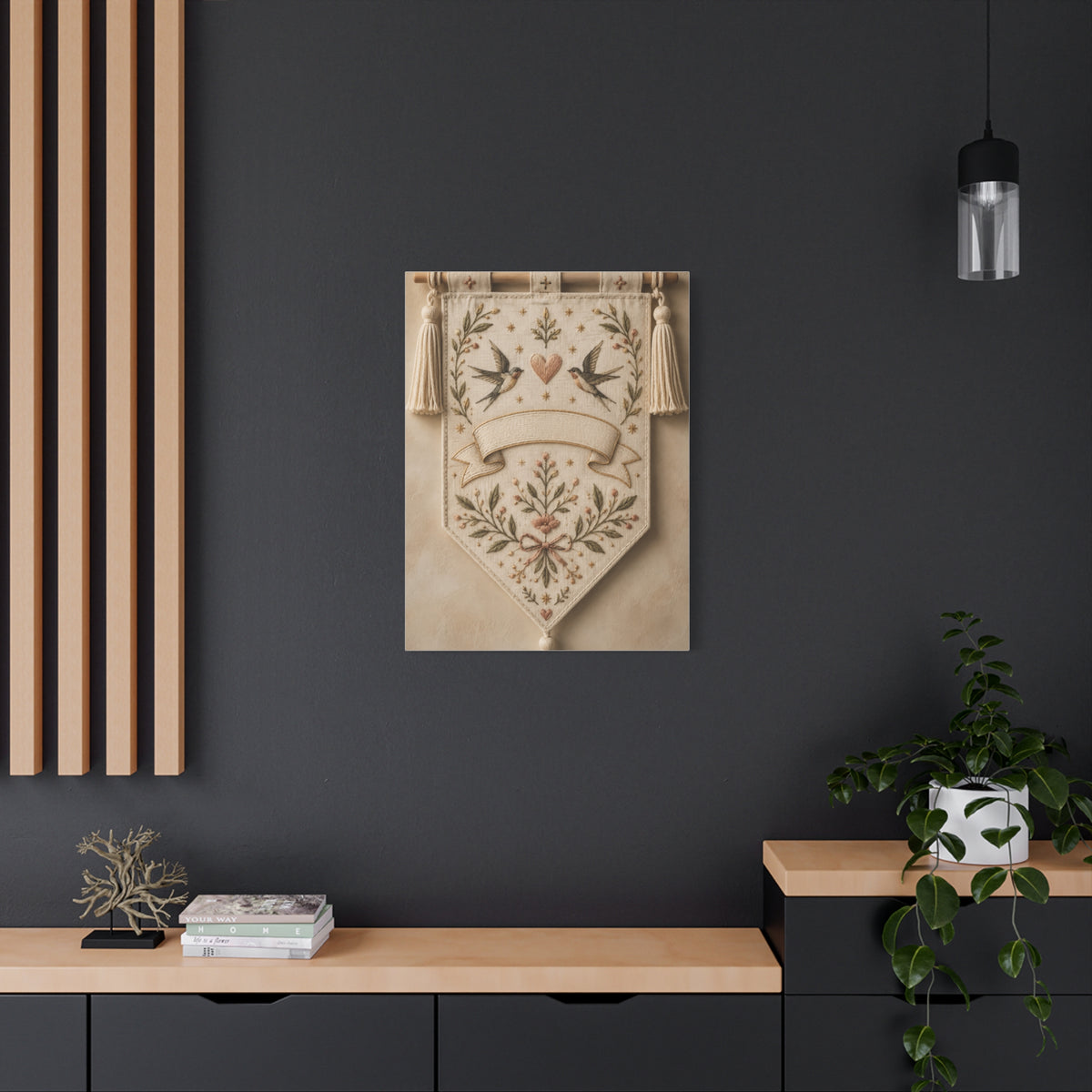 Hand-Embroidered Romantic Birds Textile Wall Art & Canvas Print