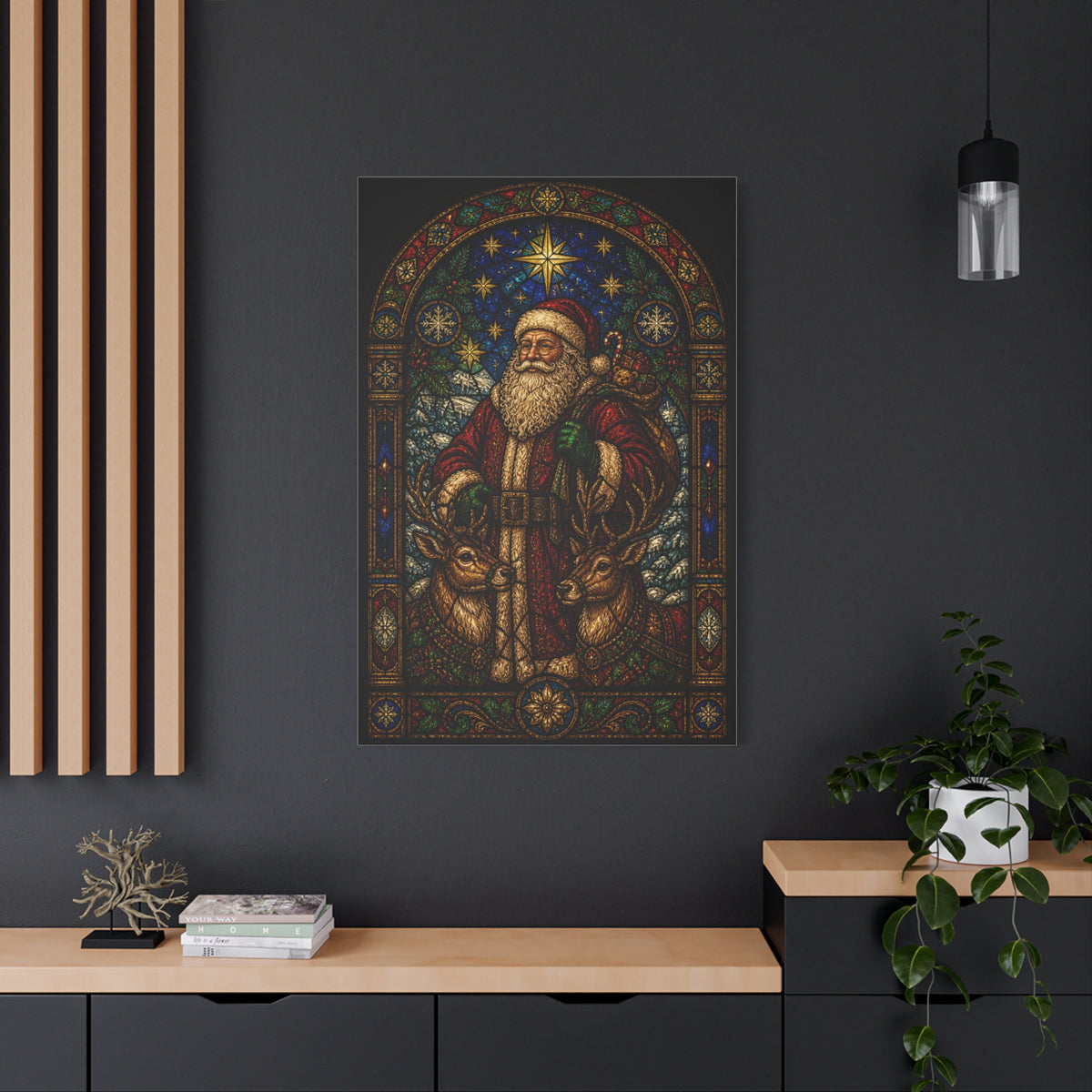 Stained Glass Santa and Reindeer Wall Art & Canvas Print