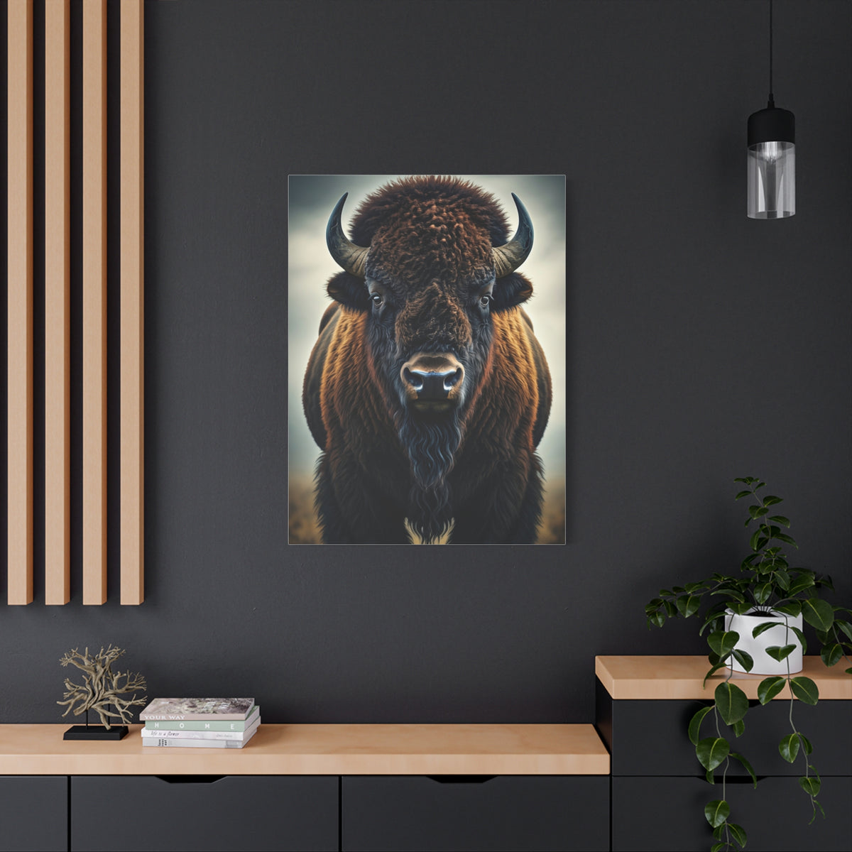Symmetrical American Bison Portrait with Dramatic Overcast Lighting Wall Art & Canvas Print