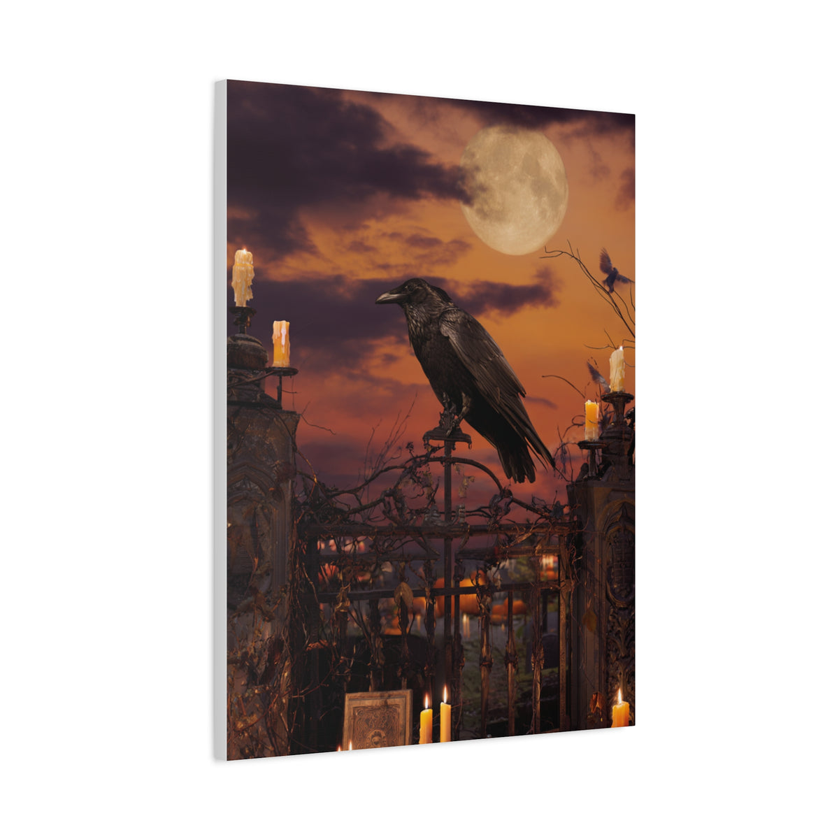 Raven on Moonlit Cemetery Gate Wall Art & Canvas Print