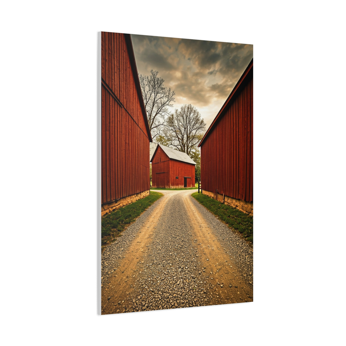Country Lane Between Red Barns Wall Art & Canvas Prints