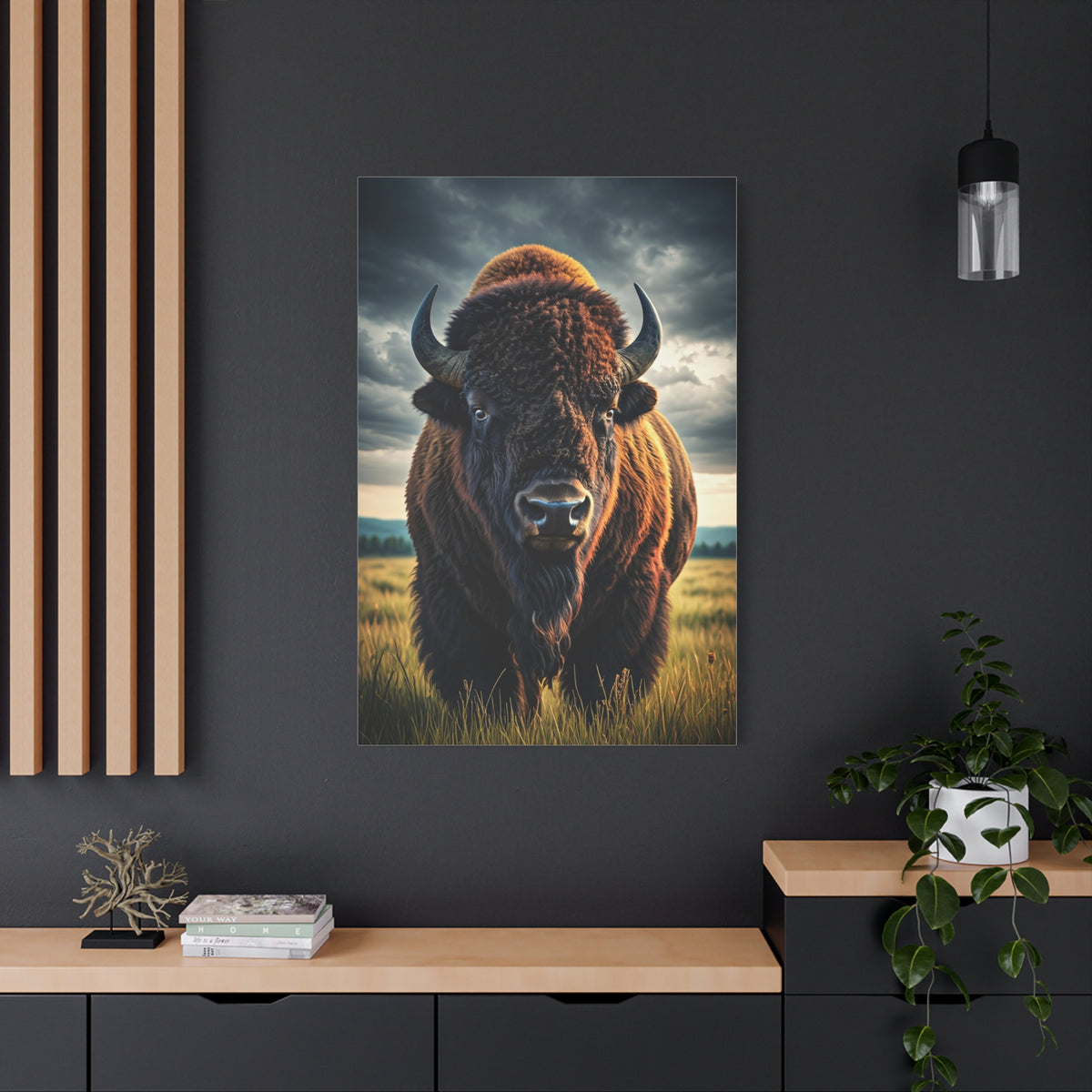 Bison Under Storm Clouds Prairie Portrait Wall Art & Canvas Print