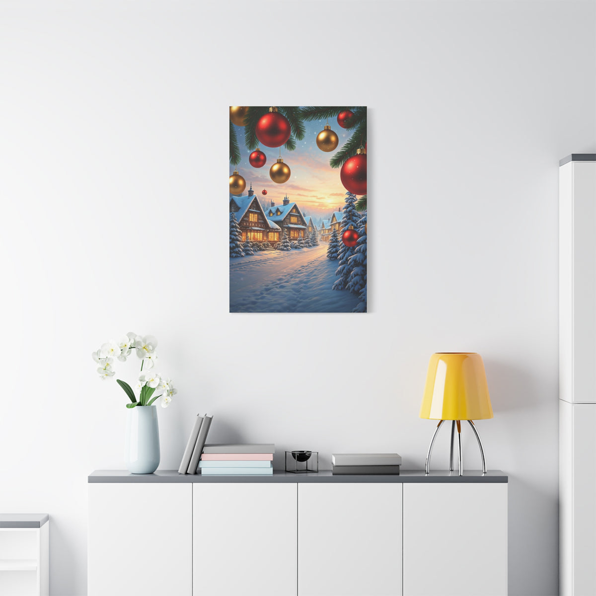 Snowy Christmas Village With Festive Ornaments Wall Art & Canvas Print