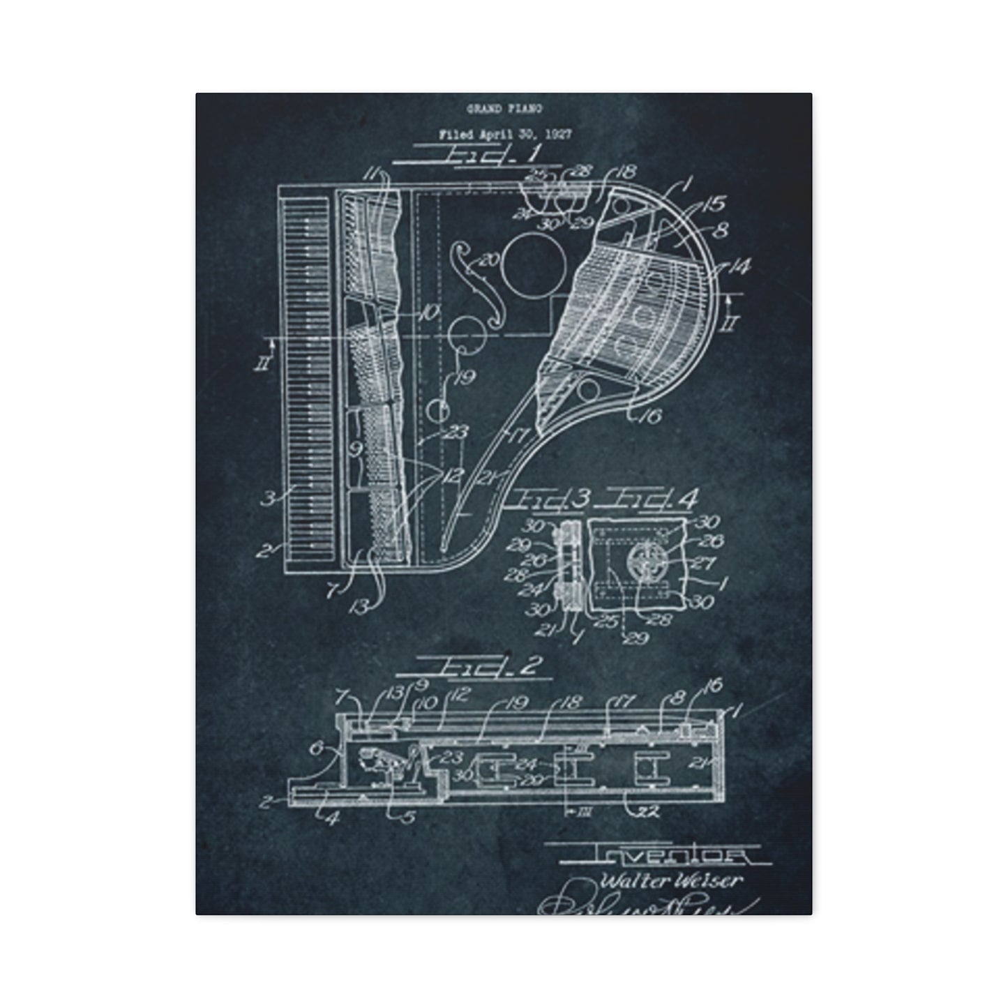 Piano Blueprint Wall Art & Canvas Prints