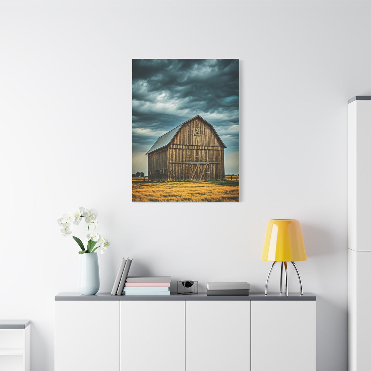 Classic Wooden Barn Beneath Rolling Clouds Wall Art & Canvas Prints