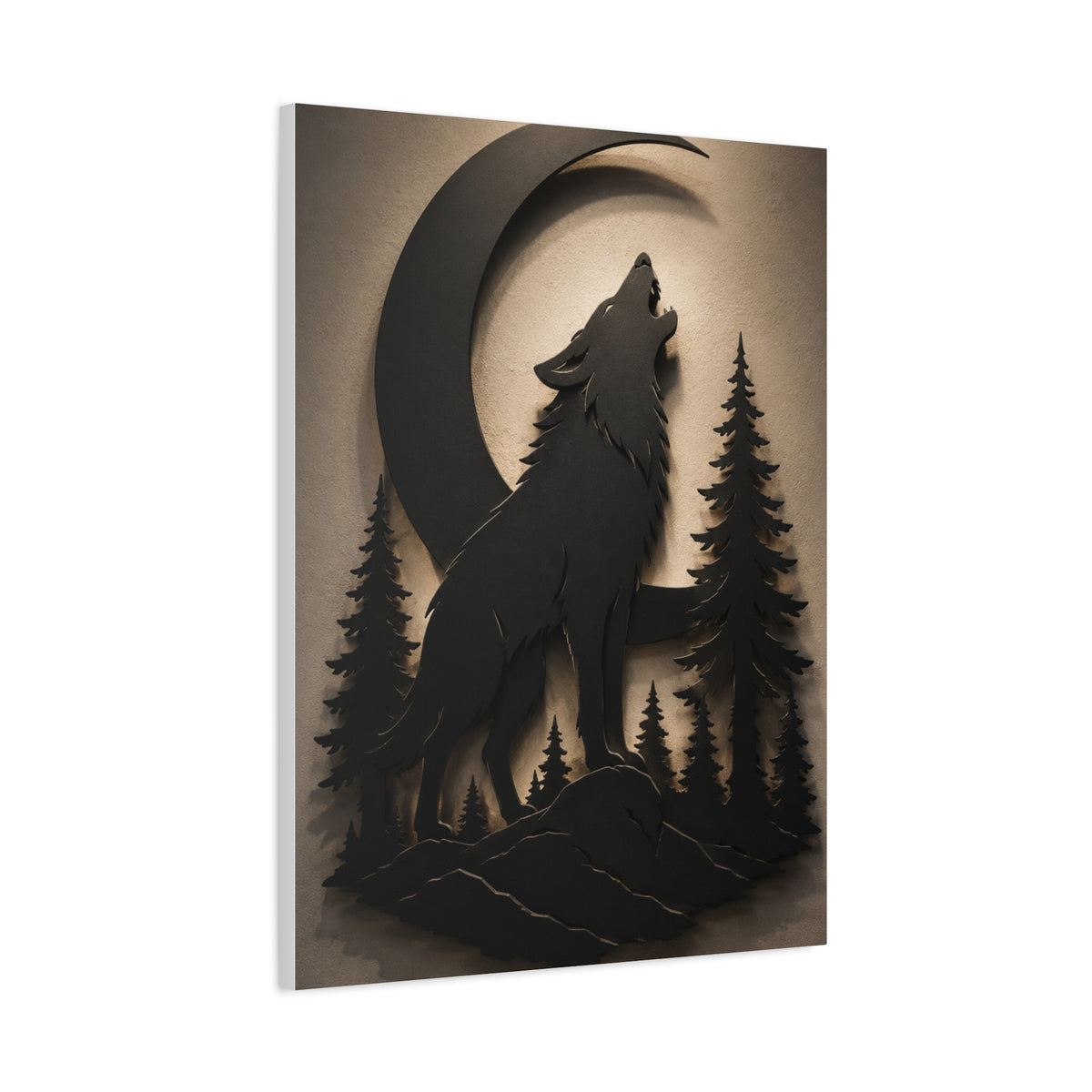 Matte Black Howling Wolf Moon Silhouette Wall Art & Canvas Print