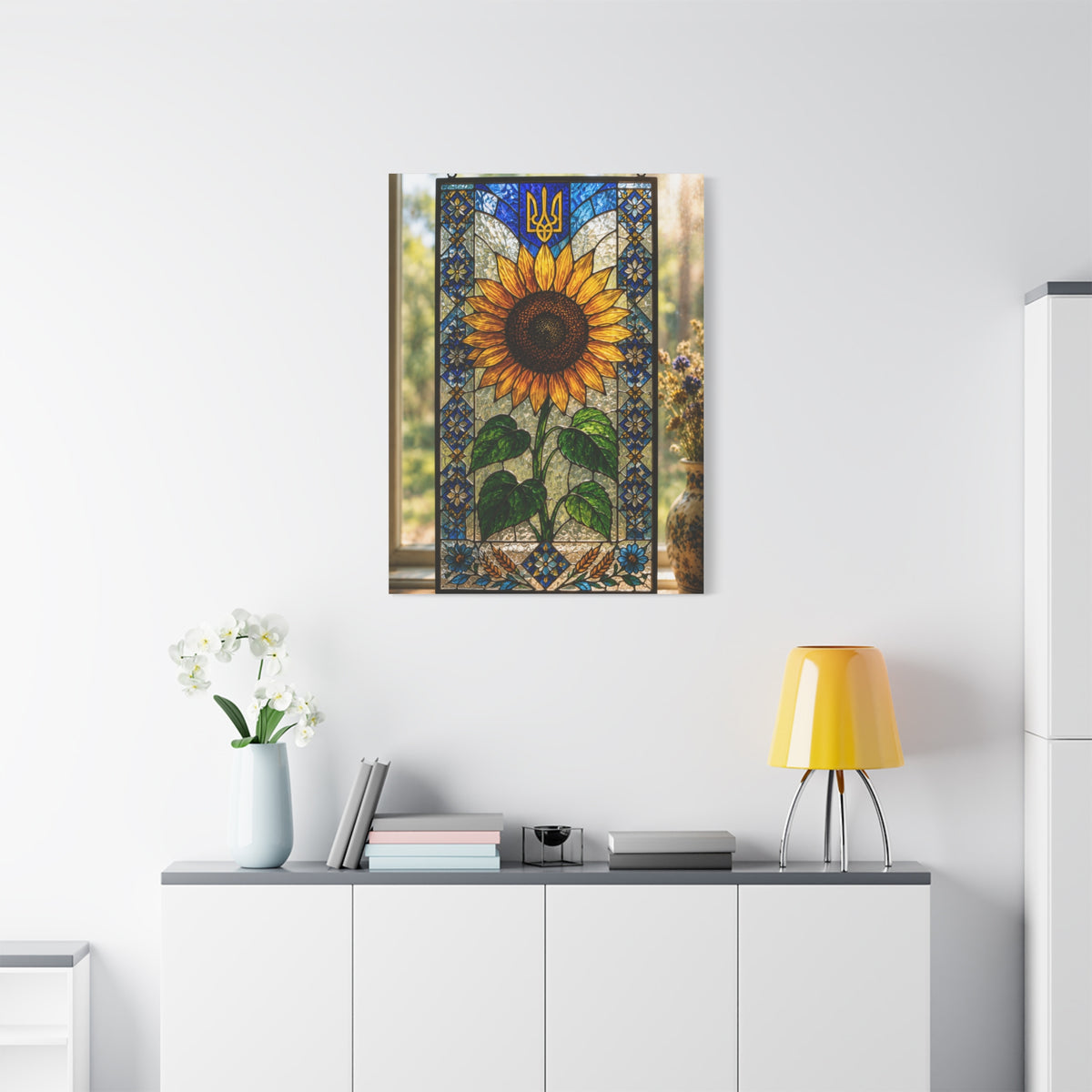 Ornate Stained Glass Sunflower Panel Wall Art & Canvas Print