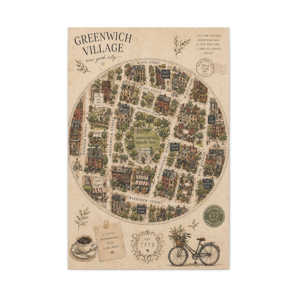 Greenwich Village Illustrated Map Wall Art & Canvas Print