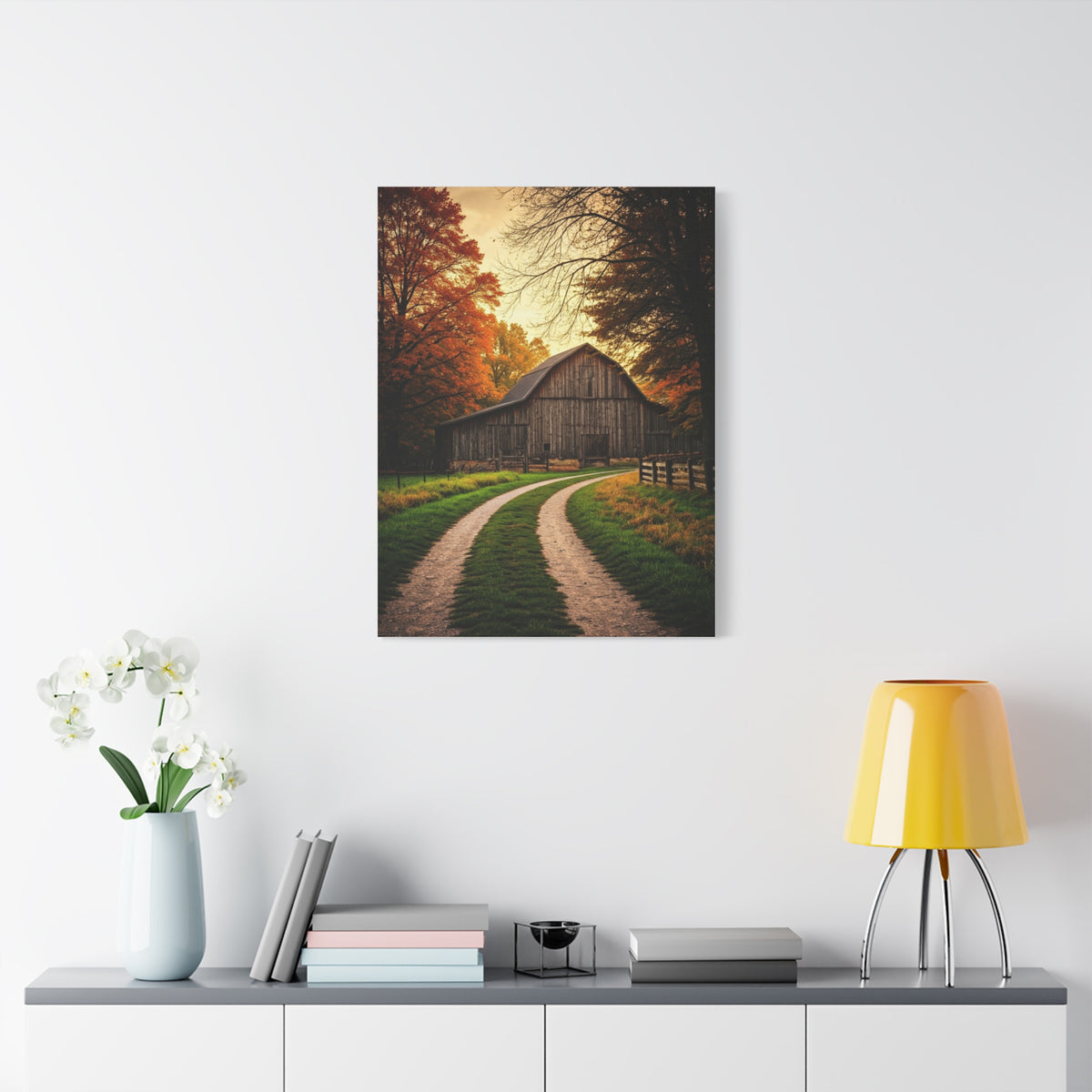 Autumn Barn Road at Golden Hour Wall Art & Canvas Prints
