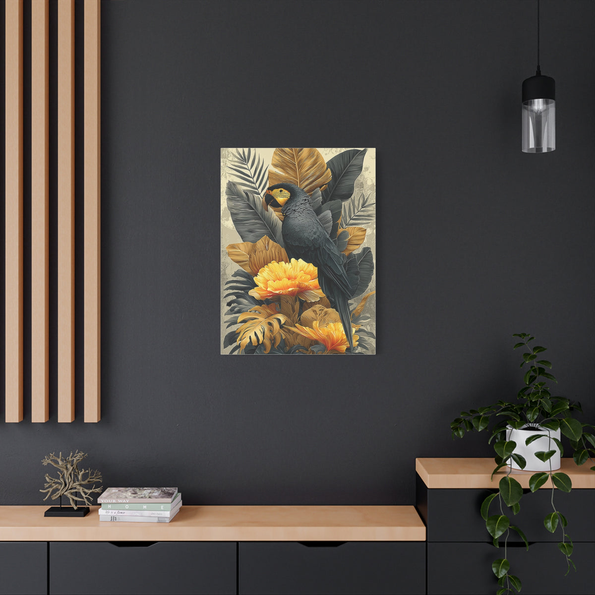 Black and Gold Tropical Parrot Wall Art & Canvas Print