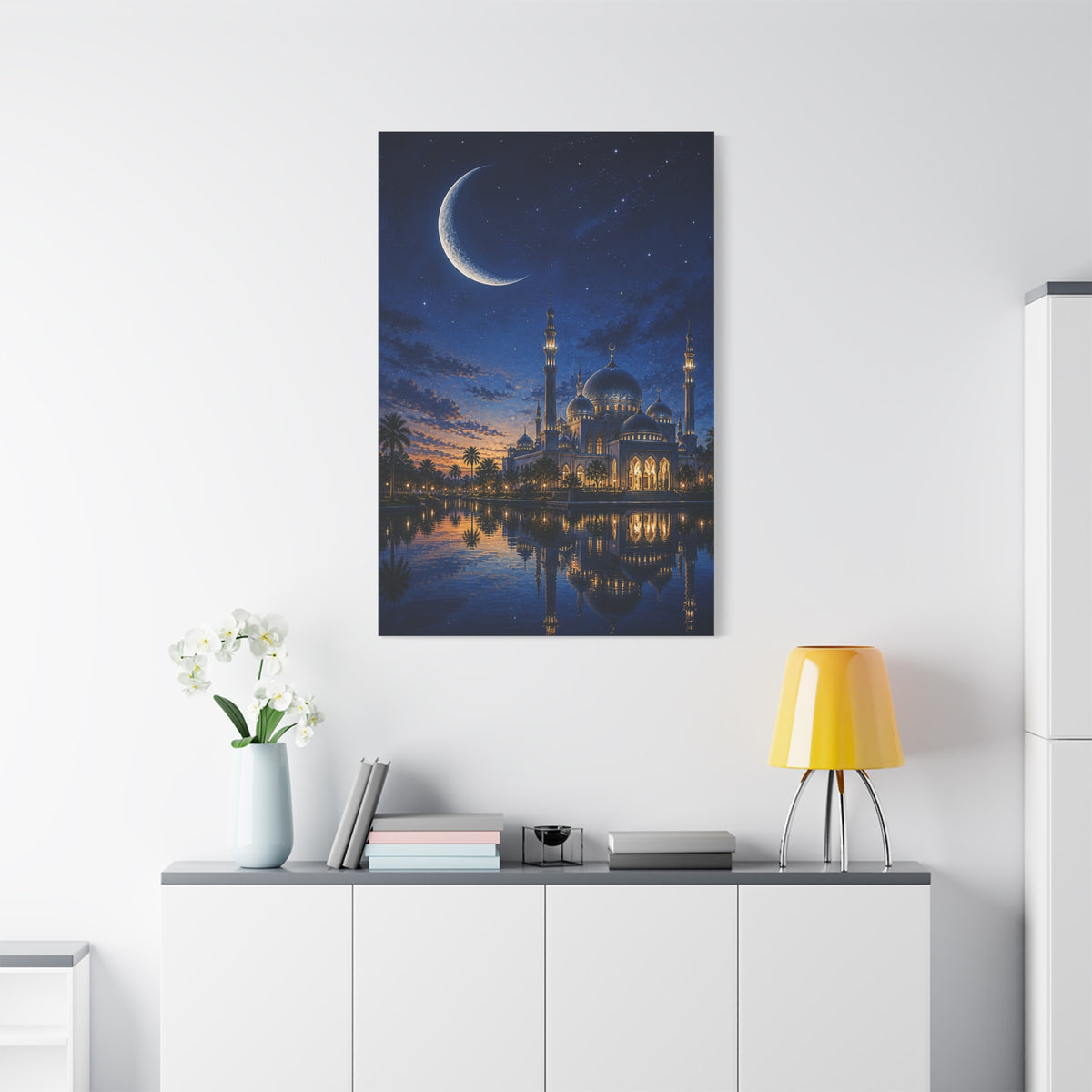 Crescent Moon Mosque Reflection Wall Art & Canvas Print