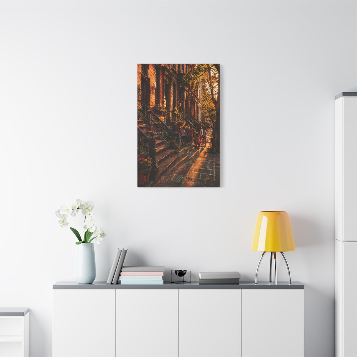 Harlem Brownstone Golden Hour Scene Wall Art & Canvas Print