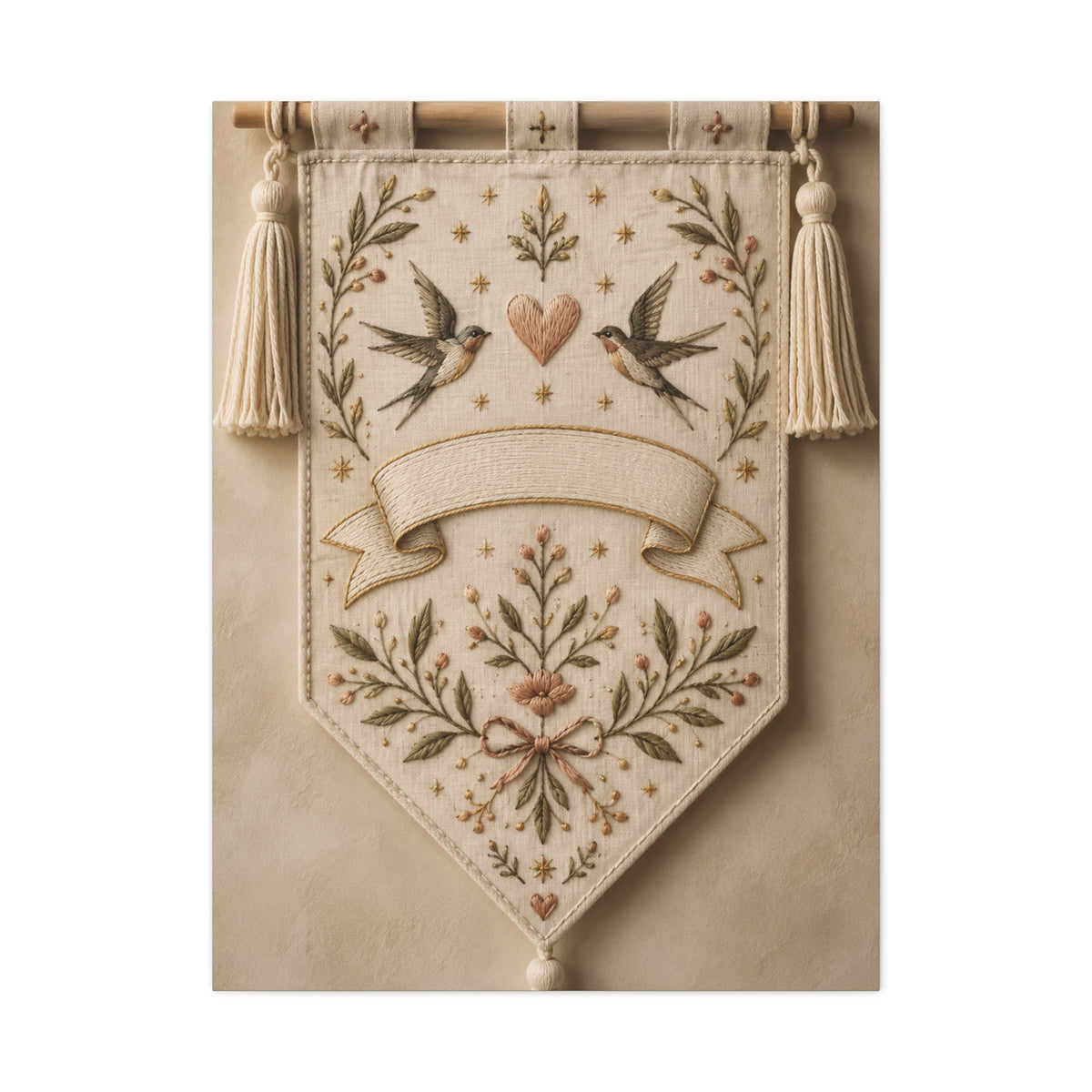 Hand-Embroidered Romantic Birds Textile Wall Art & Canvas Print