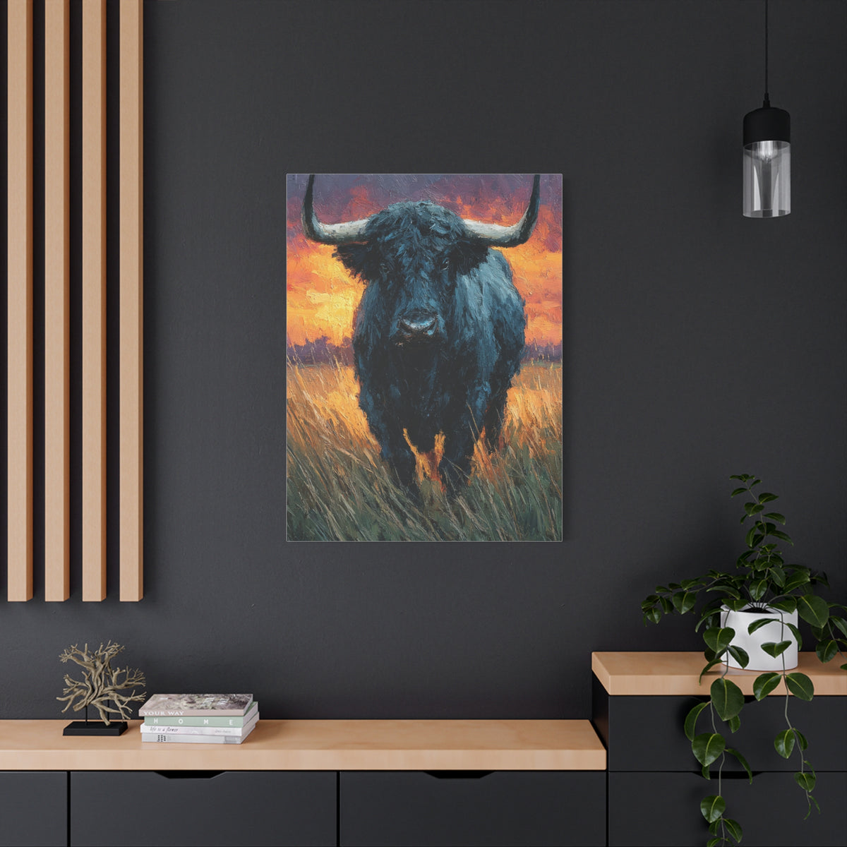 Majestic Bull at Sunset Oil Painting Wall Art & Canvas Print
