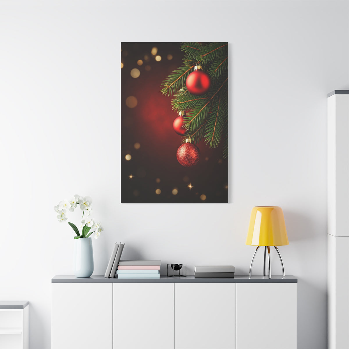 Red Christmas Tree Ornaments on Pine Branch Wall Art & Canvas Print
