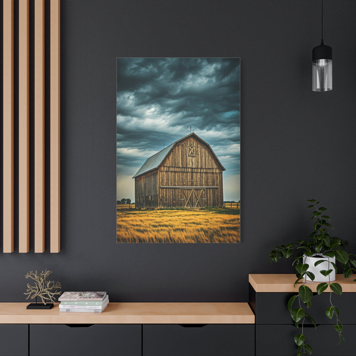 Classic Wooden Barn Beneath Rolling Clouds Wall Art & Canvas Prints
