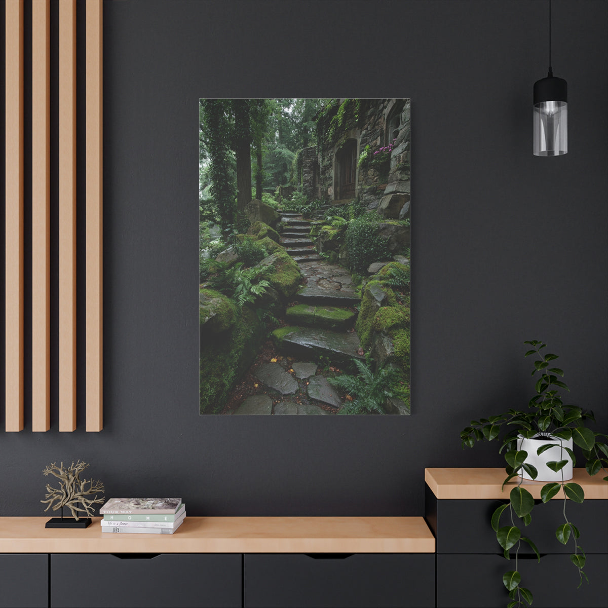 Green Moss-Covered Garden Staircase Wall Art & Canvas Print