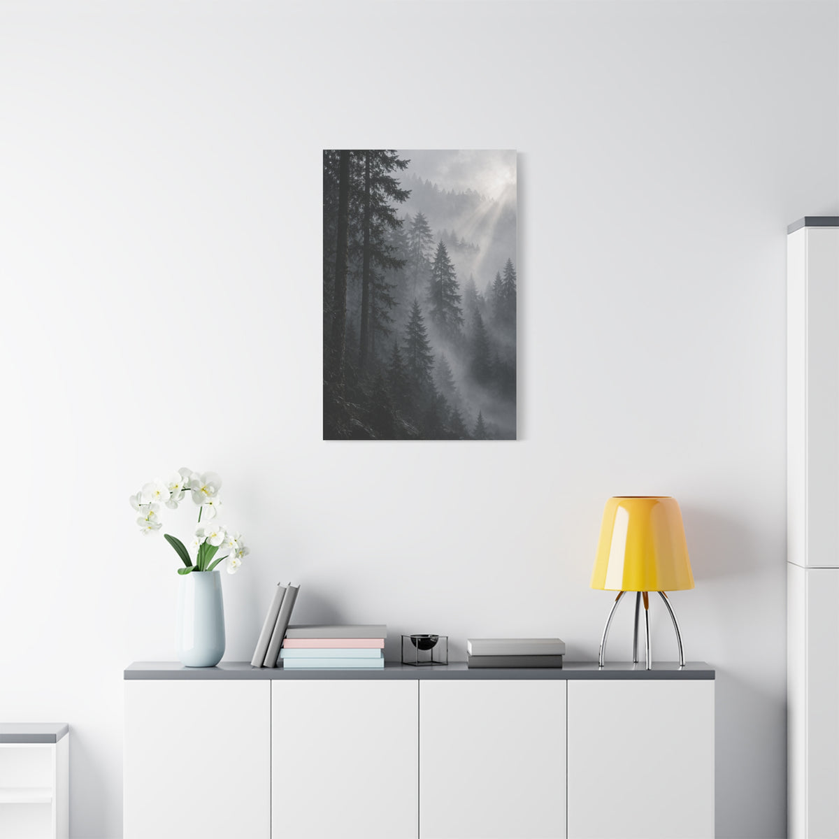 Misty Pine Forest Light Wall Art & Canvas Print