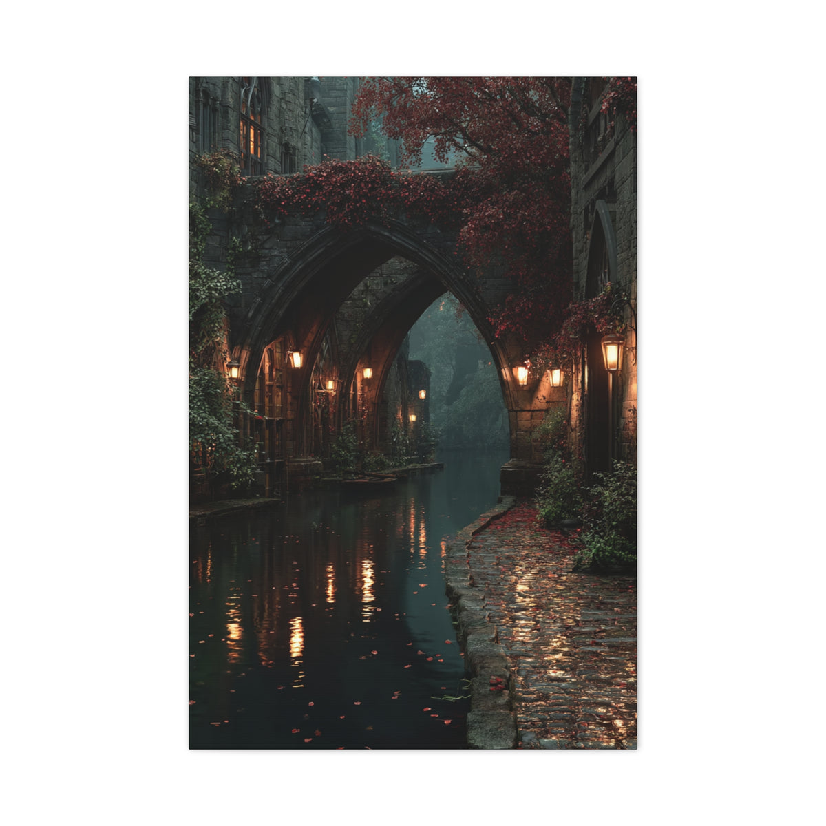 Gothic Autumn Canal Bridge Wall Art & Canvas Print