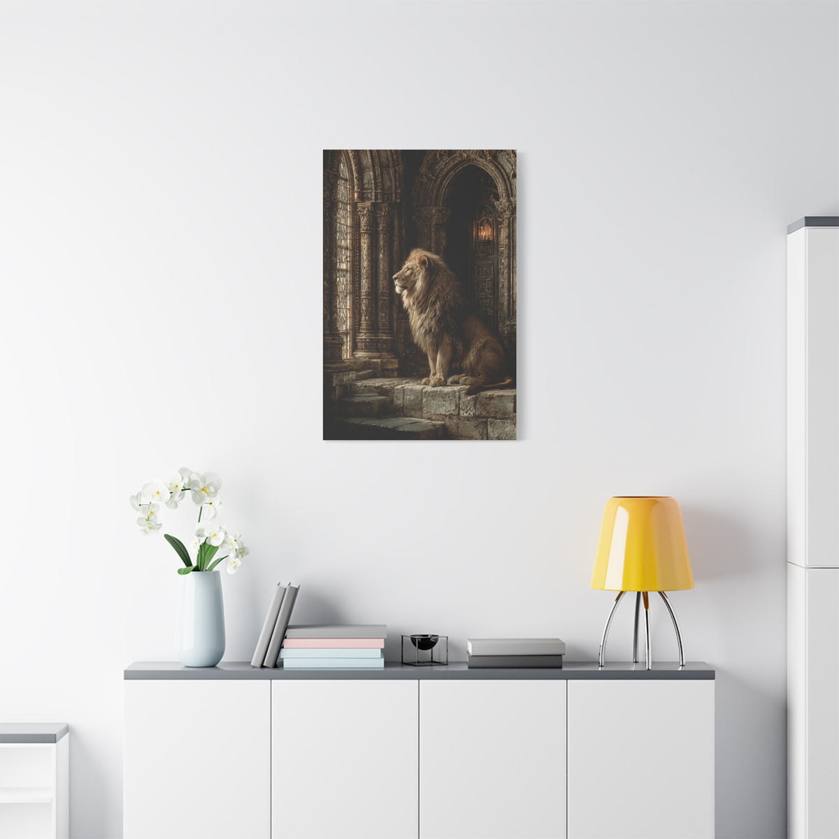 Lion in Ancient Stone Hall Royal Guardian Wall Art & Canvas Print