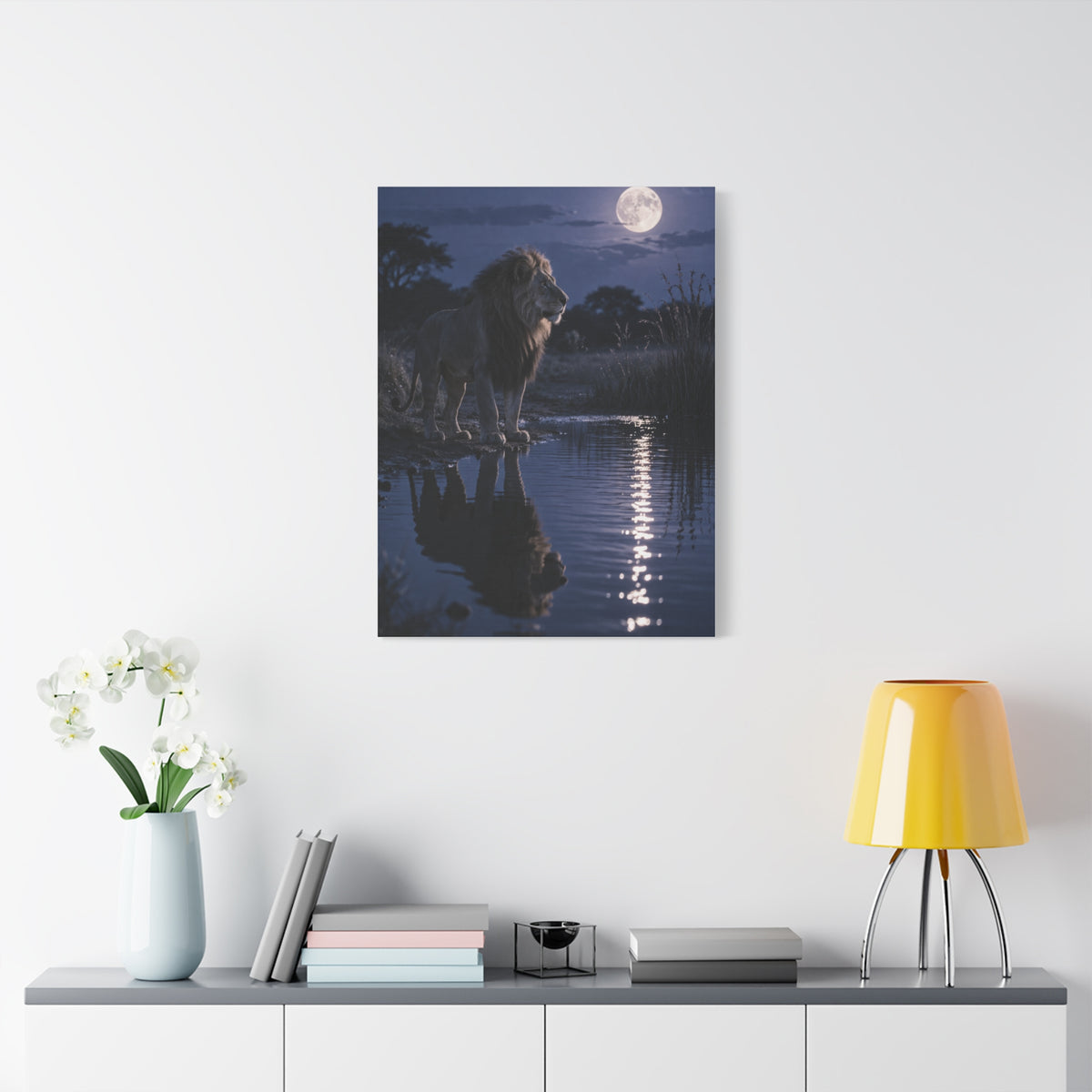 Lion by Moonlit Water Reflection Wall Art & Canvas Print