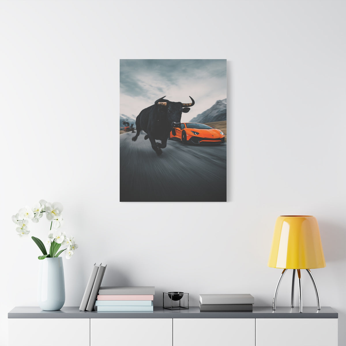 Charging Bull vs Lamborghini Aventador Power Duel Wall Art & Canvas Print