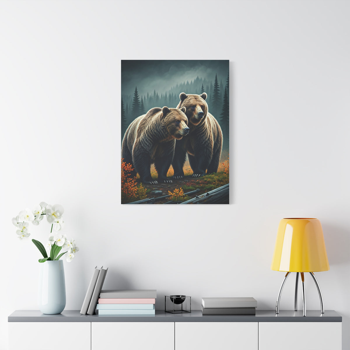 Twin Brown Bears in Misty Forest Wall Art & Canvas Prints
