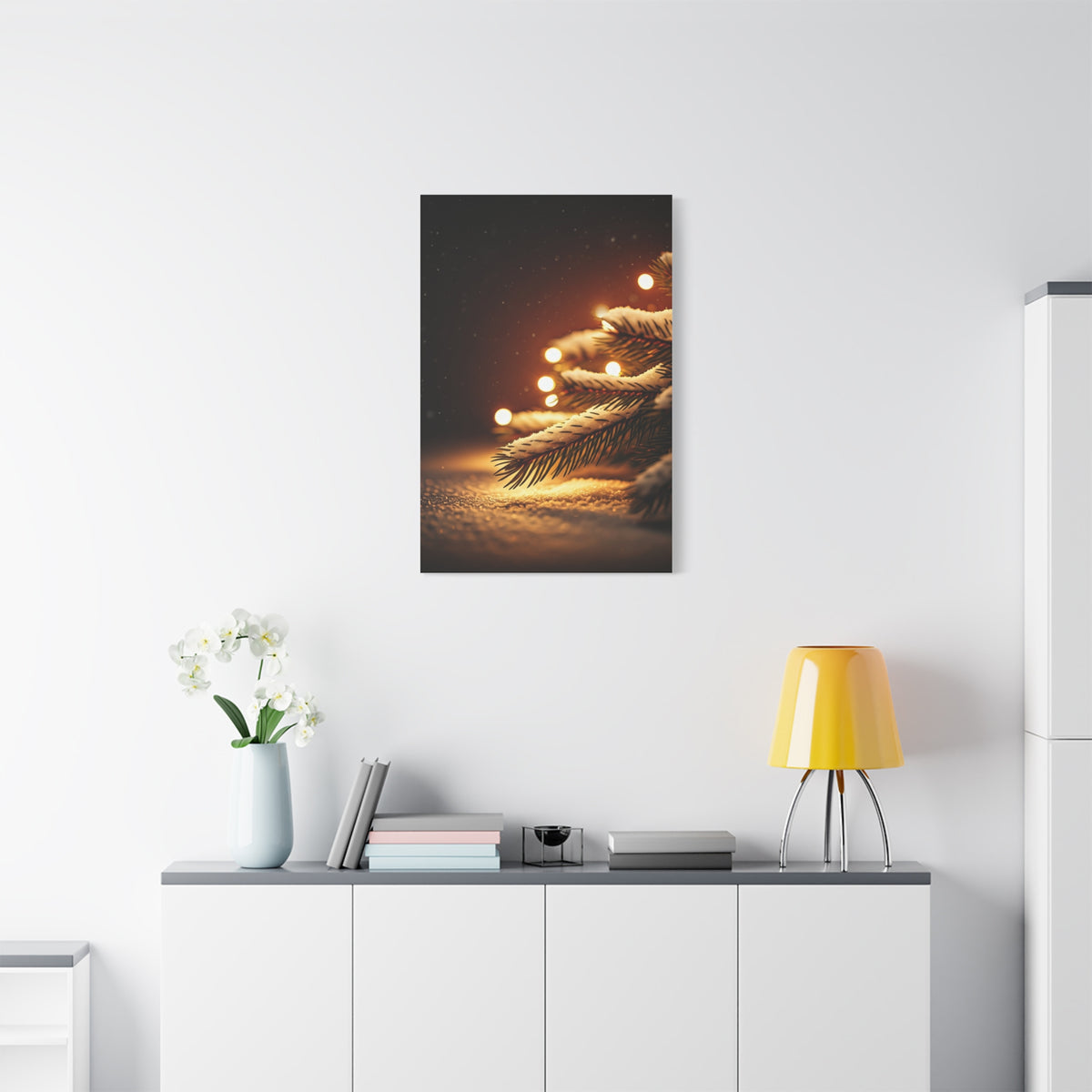 Snowy Pine Branch Fairy Lights Wall Art & Canvas Print
