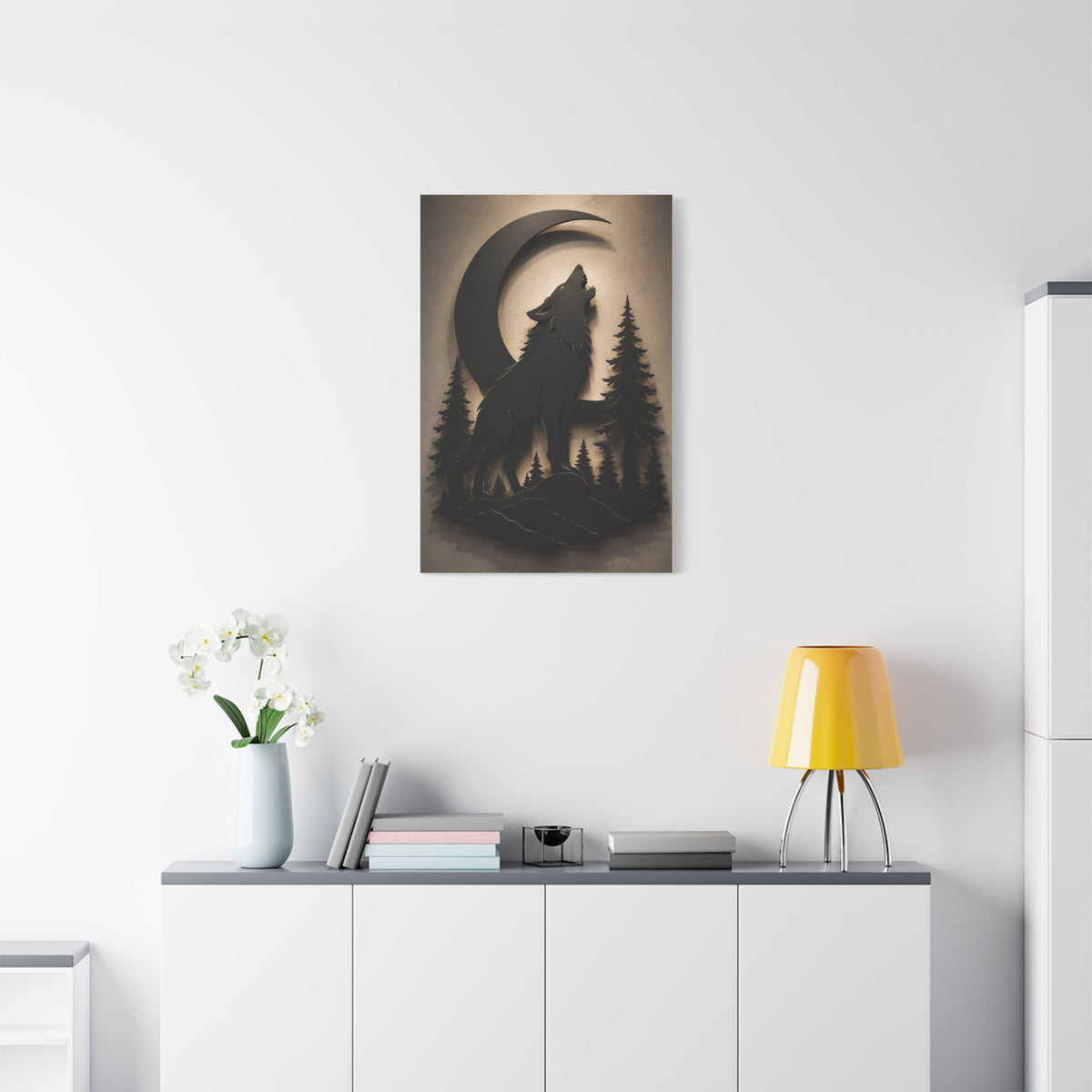 Matte Black Howling Wolf Moon Silhouette Wall Art & Canvas Print