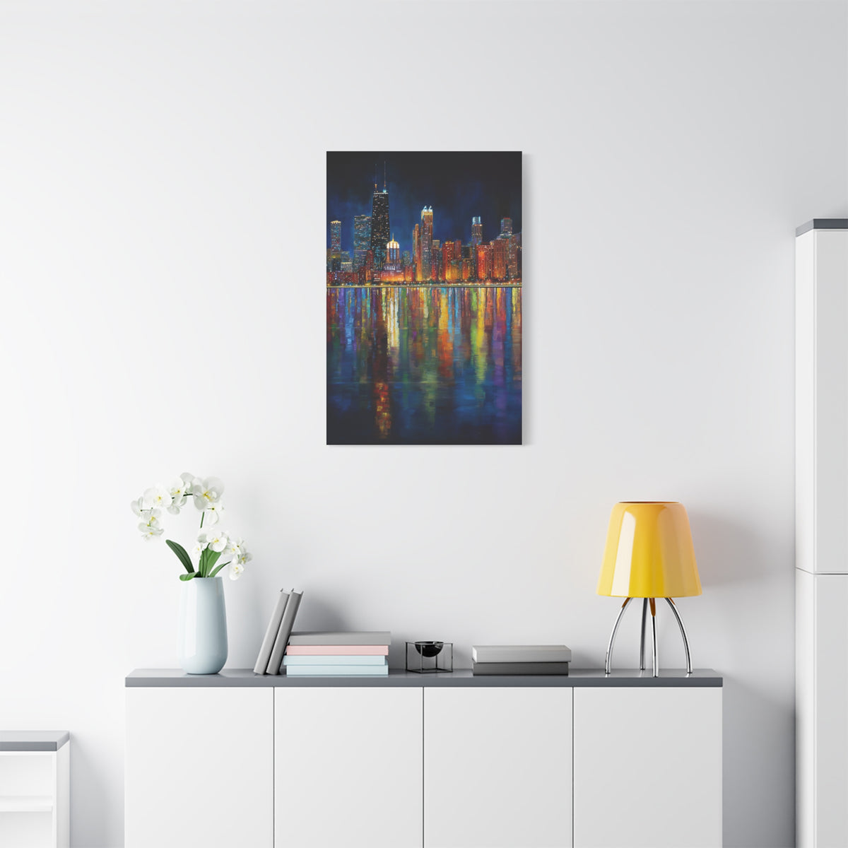 Chicago Skyline Night Reflections Wall Art & Canvas Print