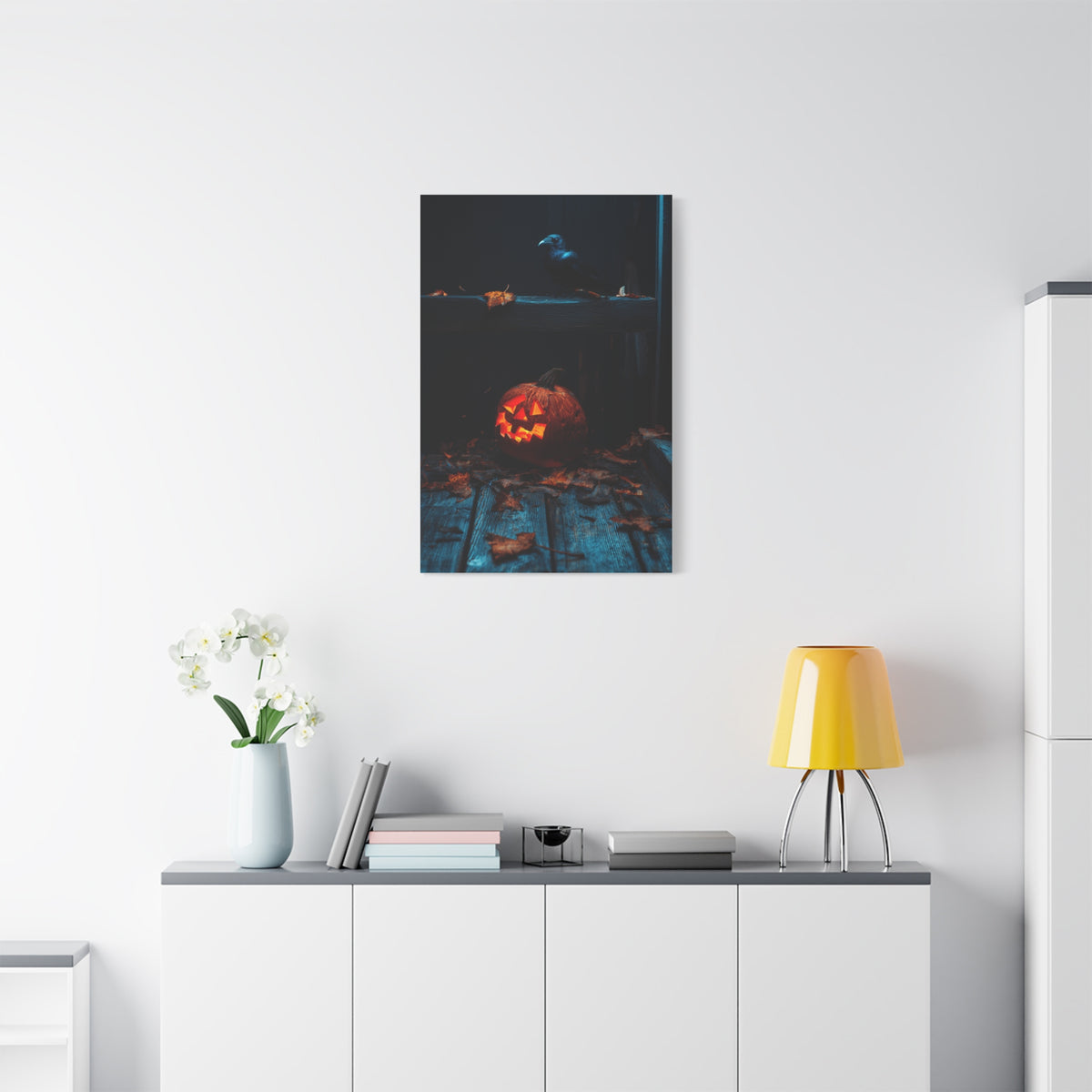 Jack-O’-Lantern and Crow on Moonlit Porch Wall Art & Canvas Print