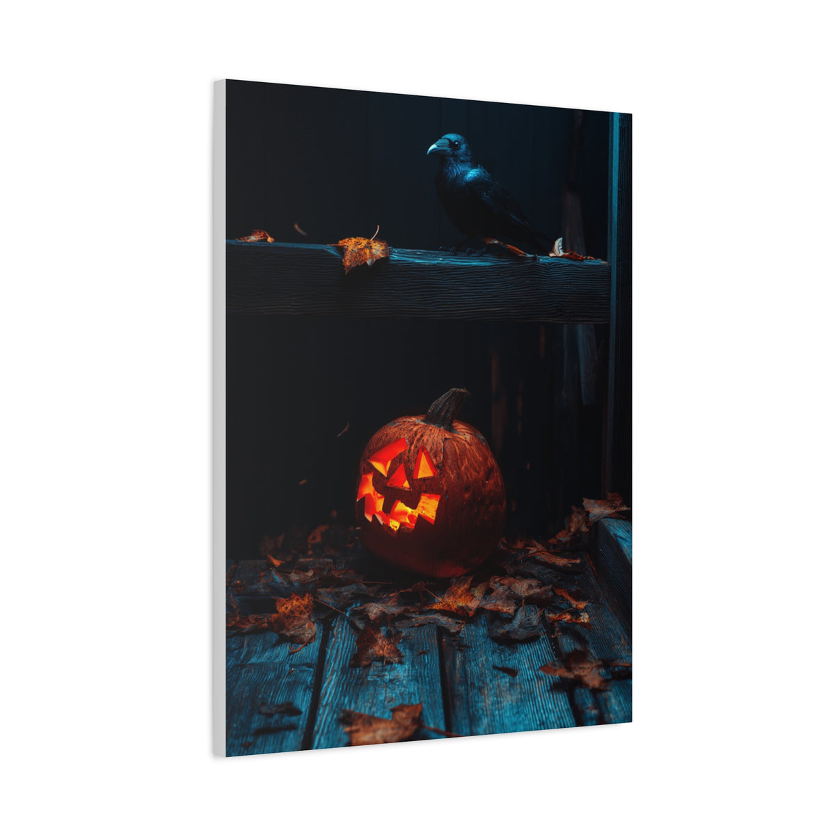 Jack-O’-Lantern and Crow on Moonlit Porch Wall Art & Canvas Print