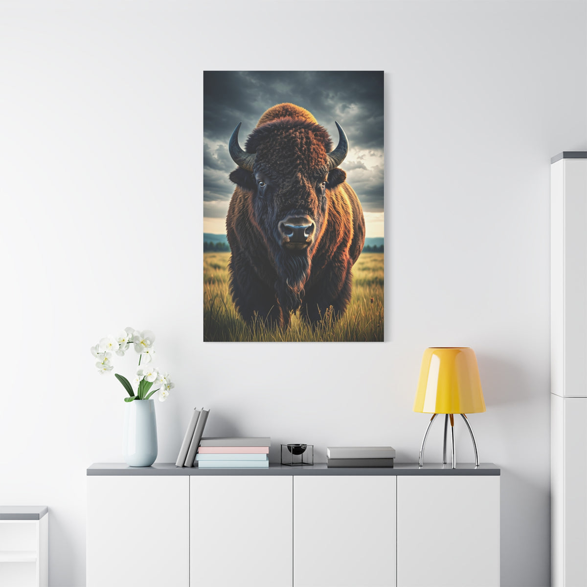 Bison Under Storm Clouds Prairie Portrait Wall Art & Canvas Print
