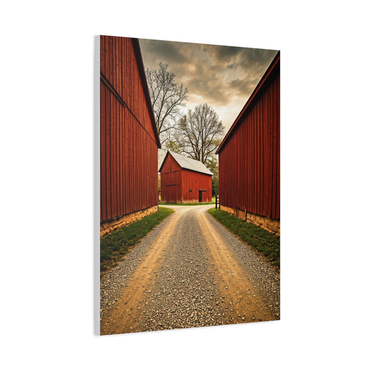 Country Lane Between Red Barns Wall Art & Canvas Prints