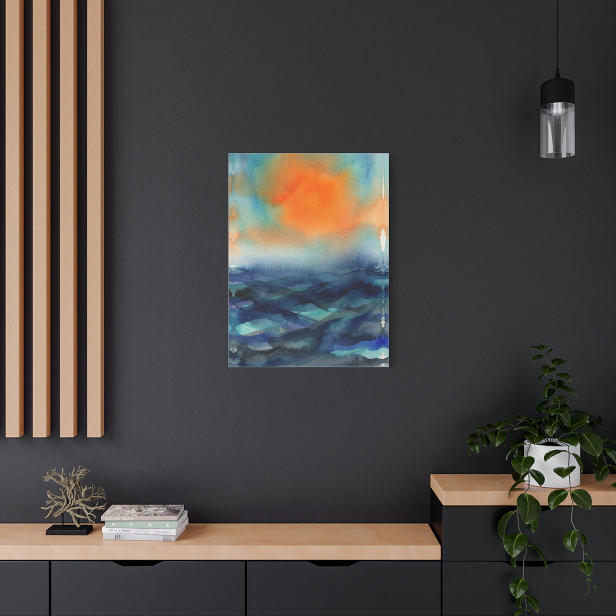 Abstract Orange Sky Over Watercolor Landscape Wall Art & Canvas Print