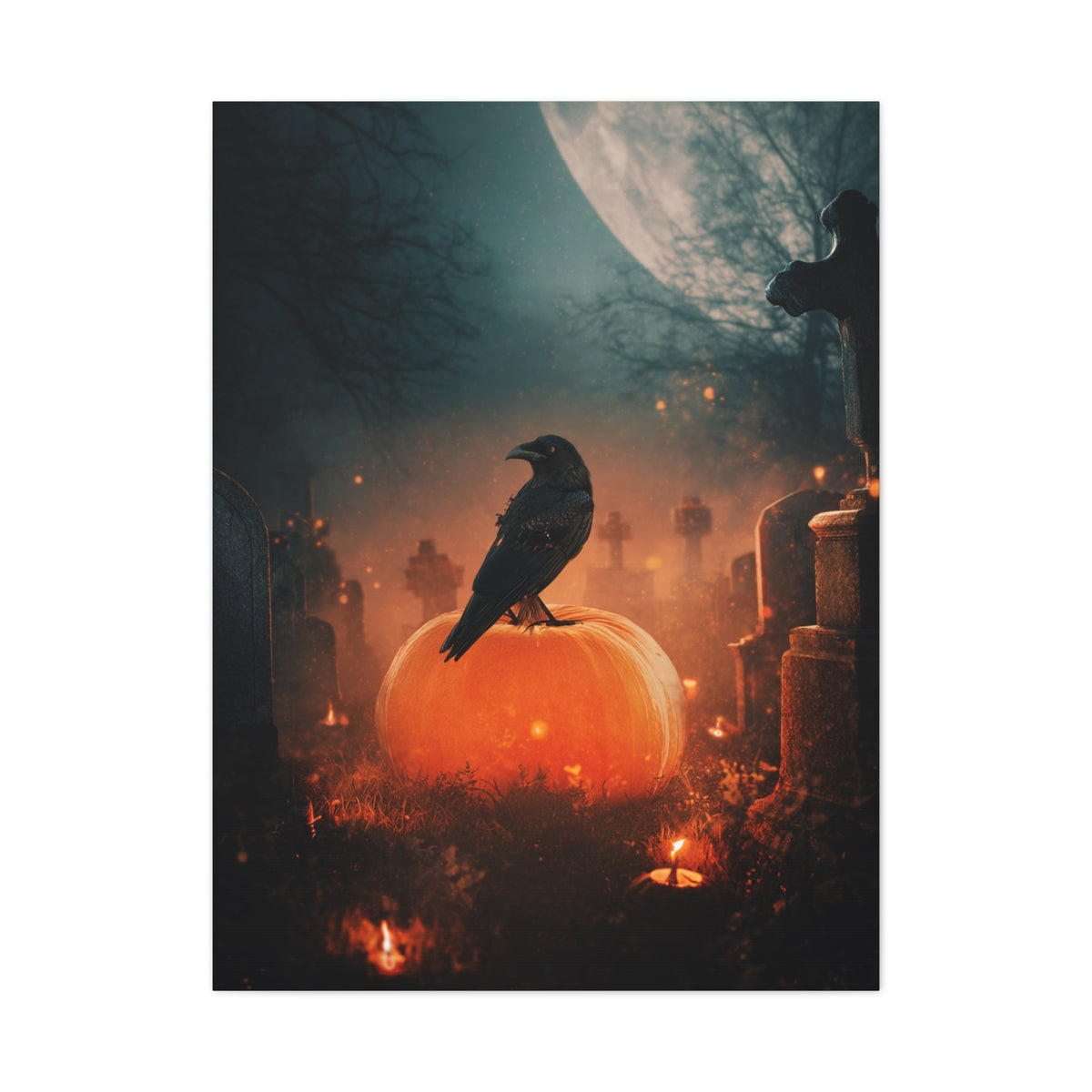 Crow on Pumpkin in Moonlit Graveyard Wall Art & Canvas Print