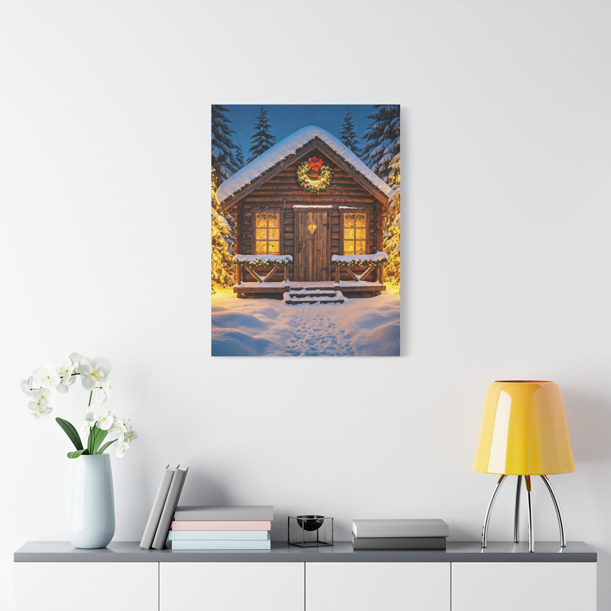 Cozy Snowy Christmas Cabin Among Pine Trees Wall Art & Canvas Print