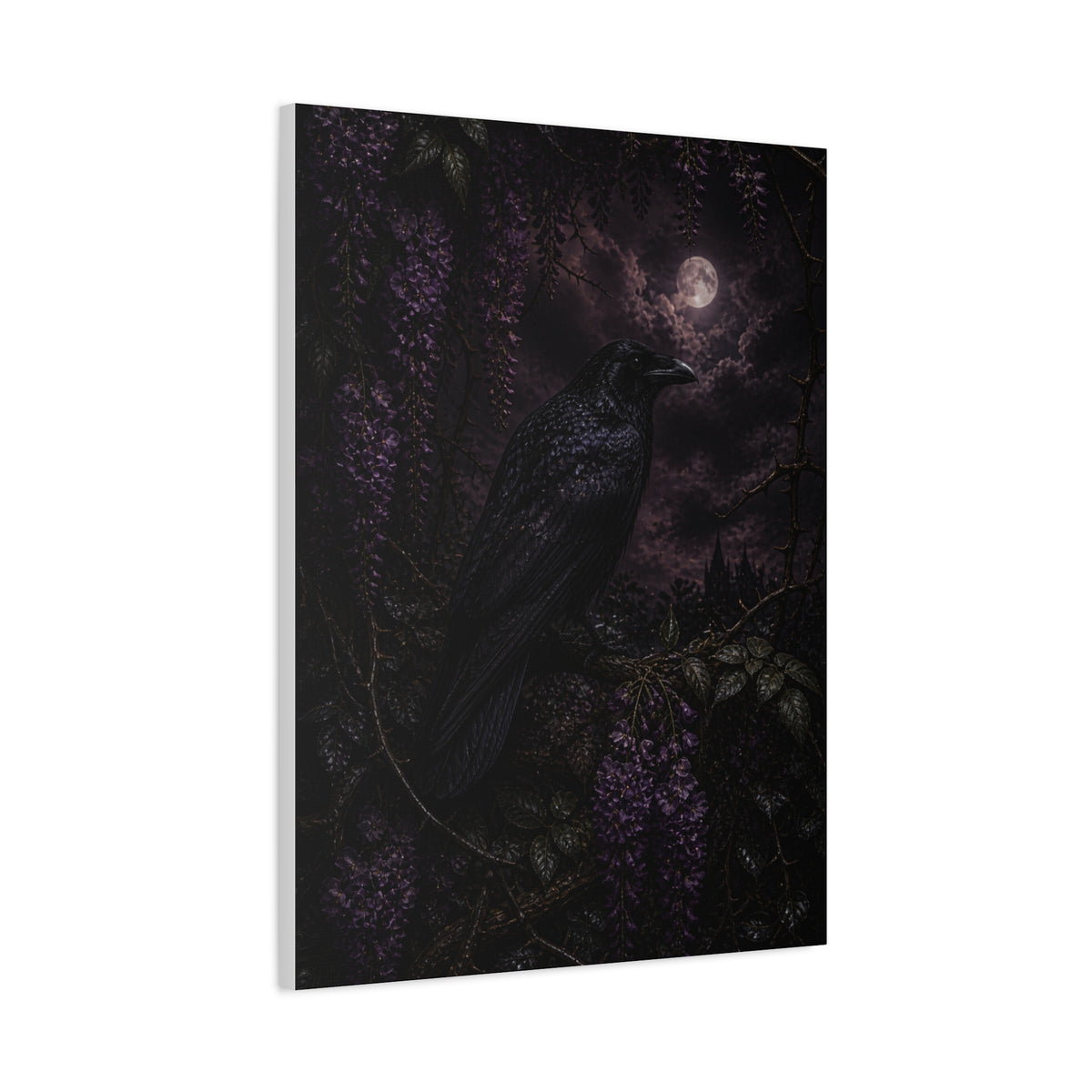 Raven in Wisteria Moonlit Scene Wall Art & Canvas Print