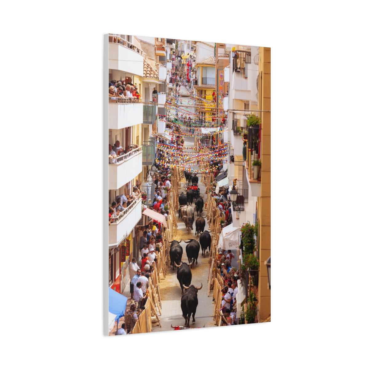 Spanish Village Bull Festival Street Scene Wall Art & Canvas Print