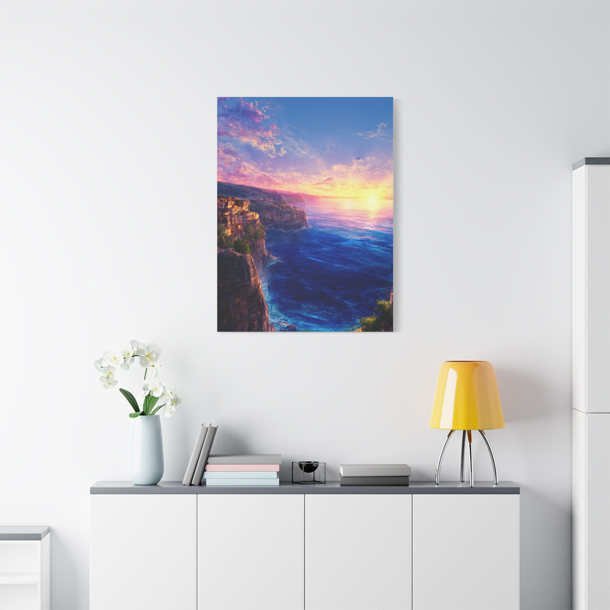 Coastal Village Cliffs at Golden Sunset Wall Art & Canvas Print
