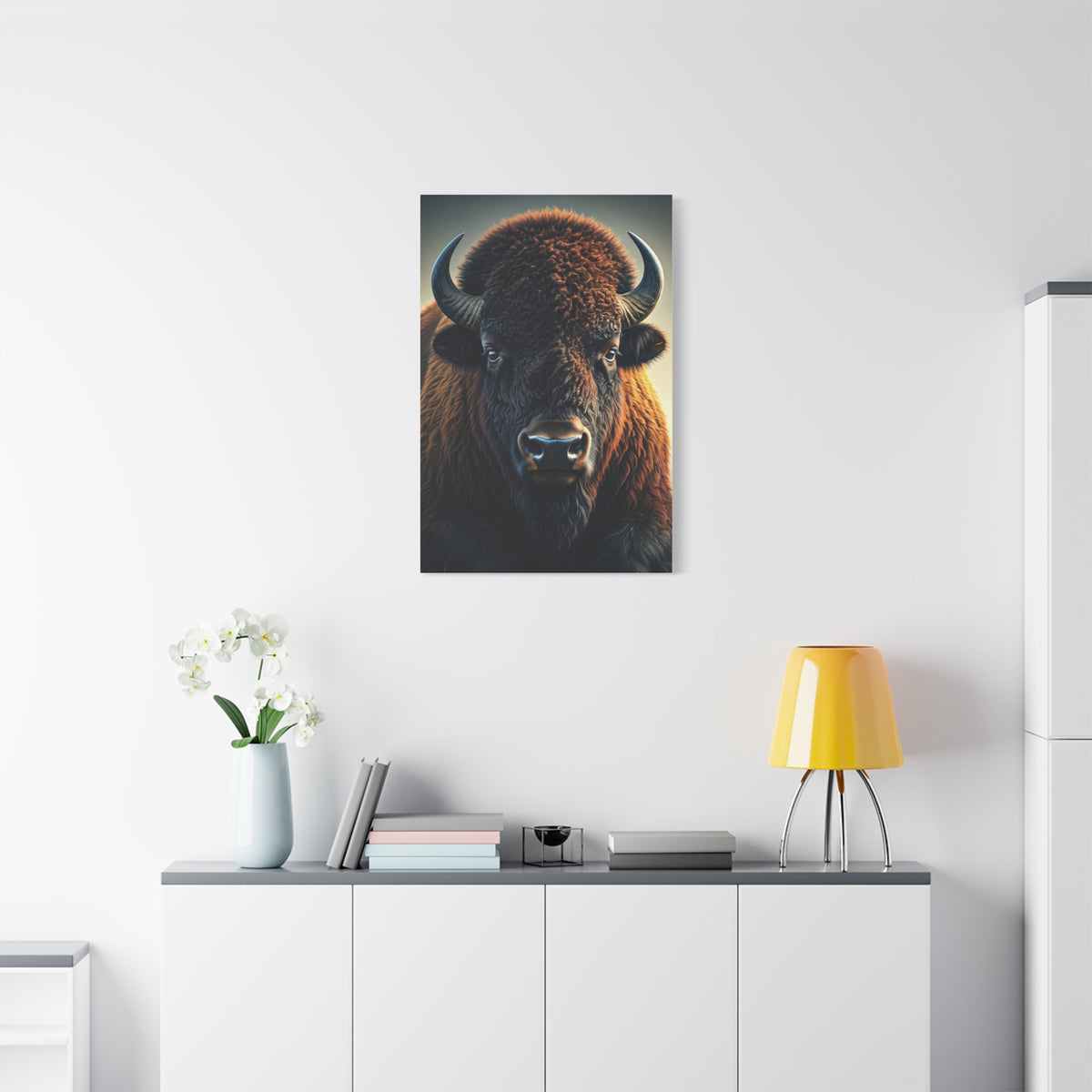 Classic Frontal American Bison Portrait with Soft Neutral Backdrop Wall Art & Canvas Print