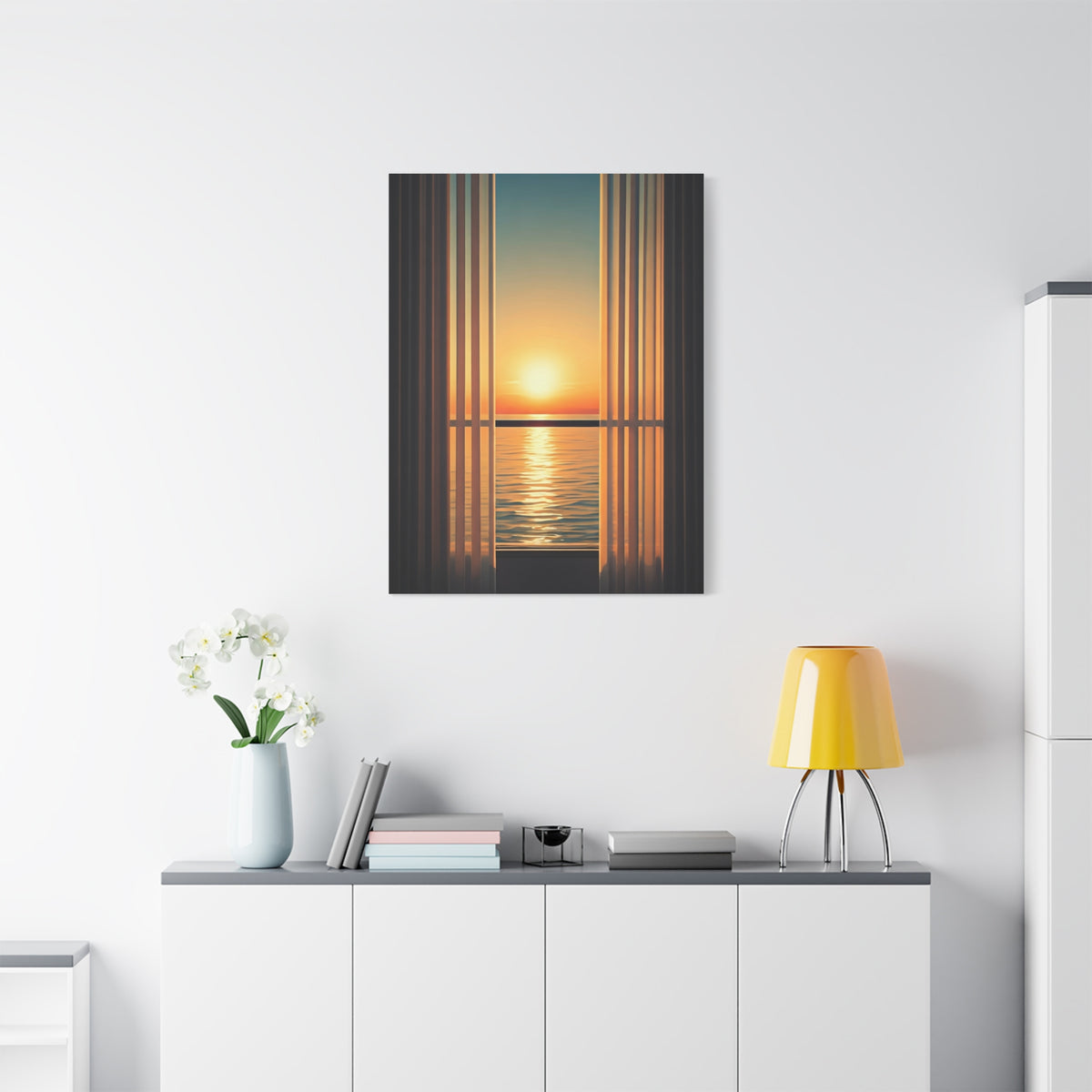 Golden Horizon Through Sheer Curtains Wall Art & Canvas Prints