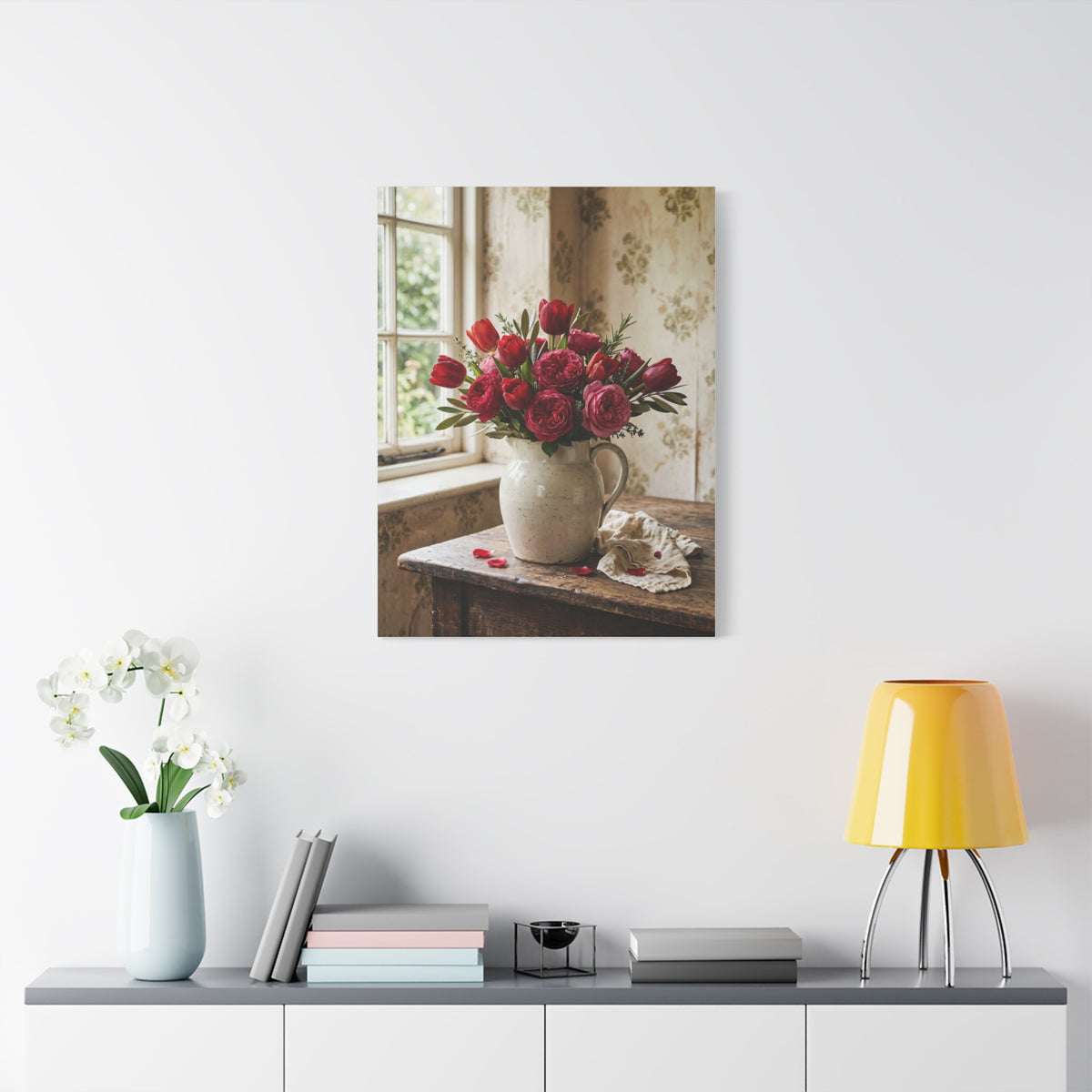 English Cottage Red Tulip Still Life Wall Art & Canvas Print