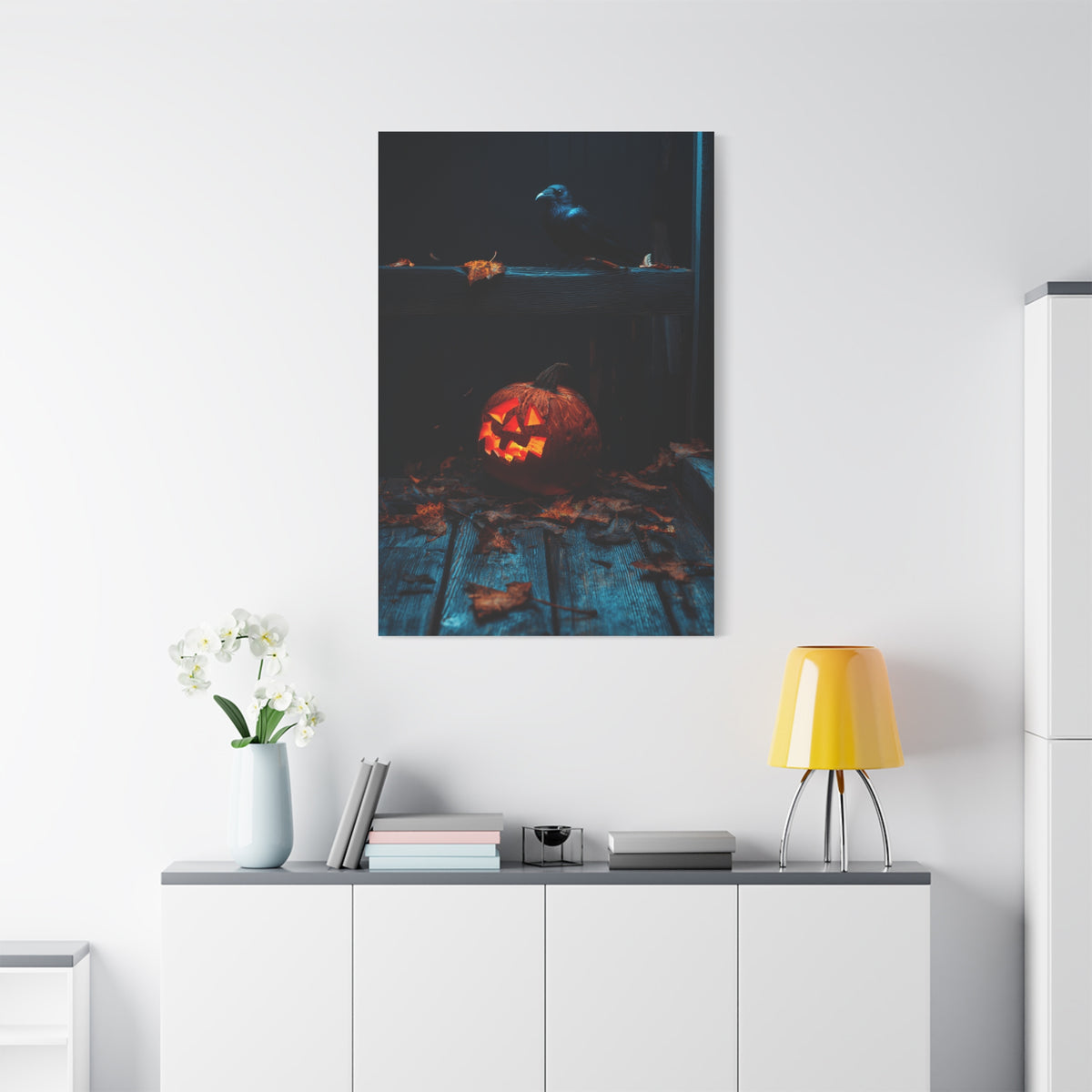 Jack-O’-Lantern and Crow on Moonlit Porch Wall Art & Canvas Print