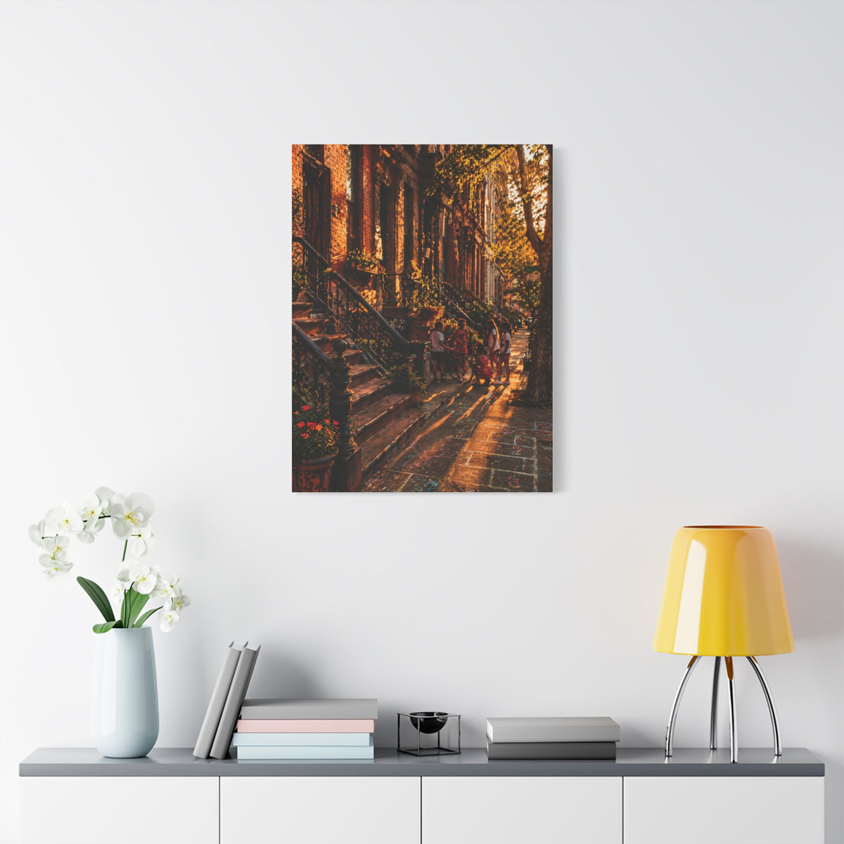 Harlem Brownstone Golden Hour Scene Wall Art & Canvas Print
