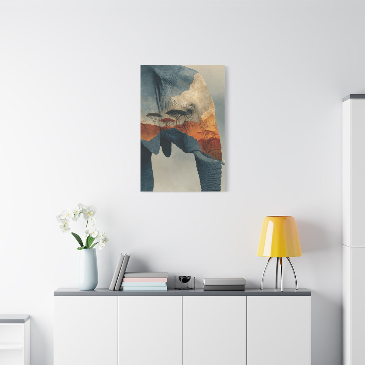 African Landscape Double Exposure Elephant Wall Art & Canvas Print