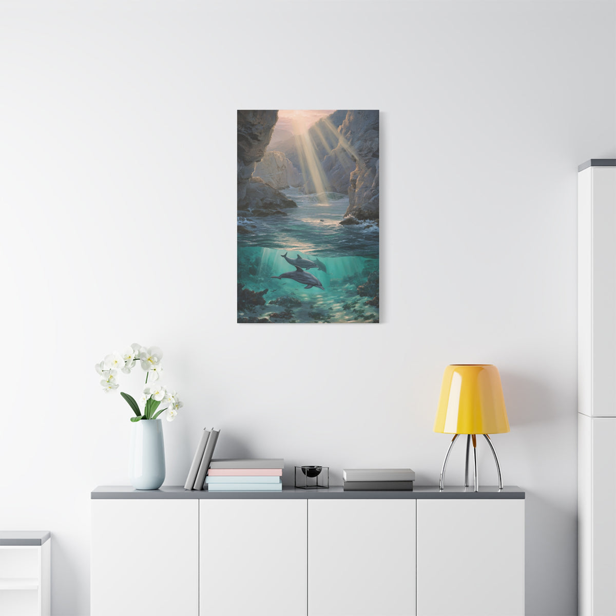 Dolphins Swimming Beneath Sunlit Coastal Waters Wall Art & Canvas Print