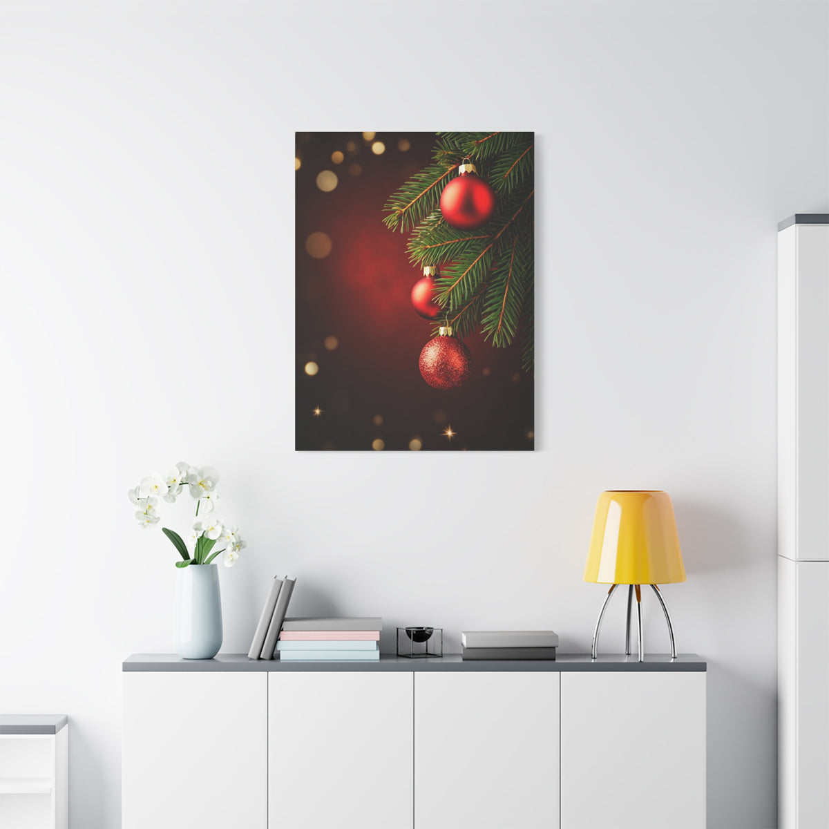 Red Christmas Tree Ornaments on Pine Branch Wall Art & Canvas Print